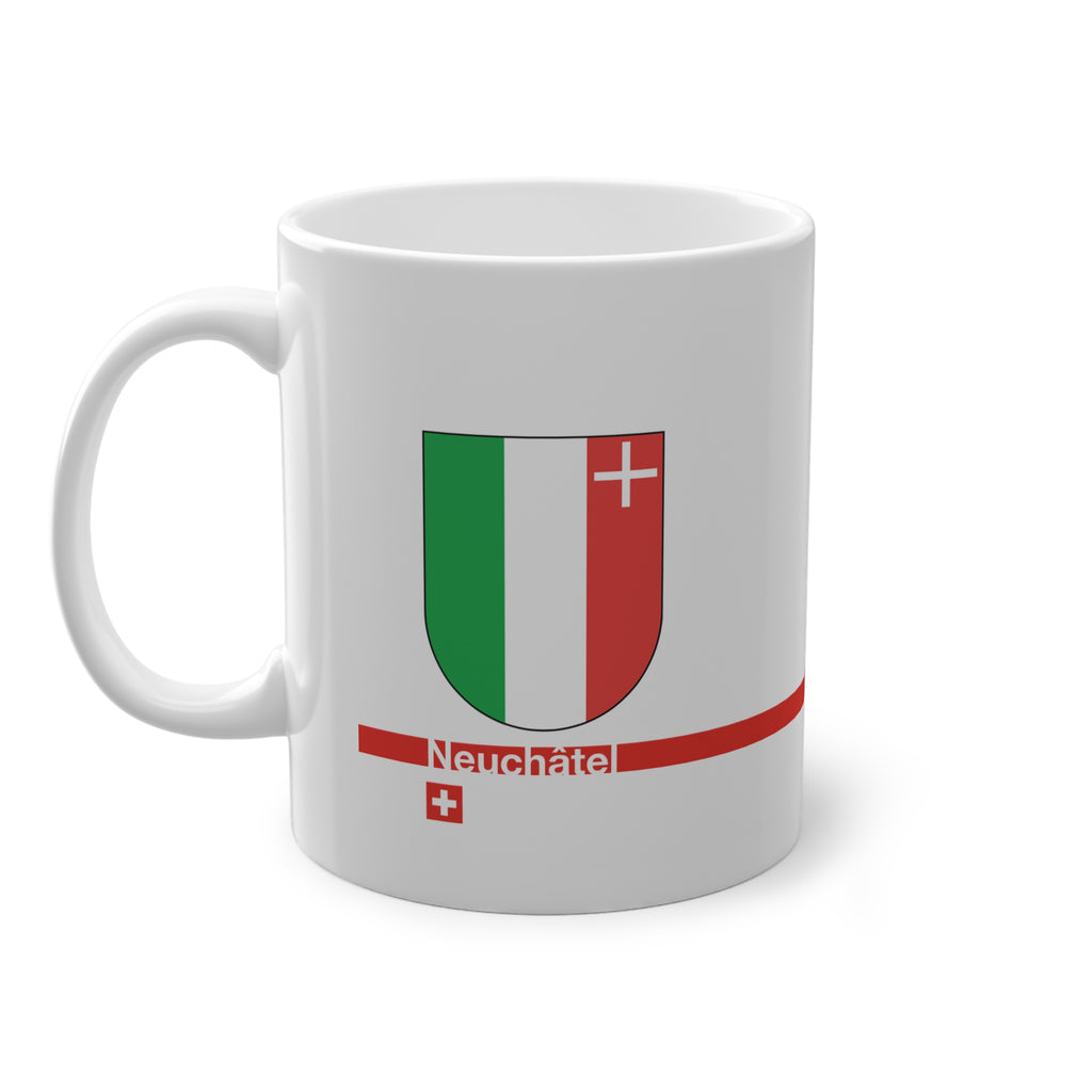 White ceramic mug featuring the green, white, and red vertical coat of arms of the Canton of Neuchâtel, a modern red horizontal line with 'Neuchâtel' text, and a small Swiss cross below.