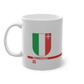 White ceramic mug featuring the green, white, and red vertical coat of arms of the Canton of Neuchâtel, a modern red horizontal line with 'Neuchâtel' text, and a small Swiss cross below.
