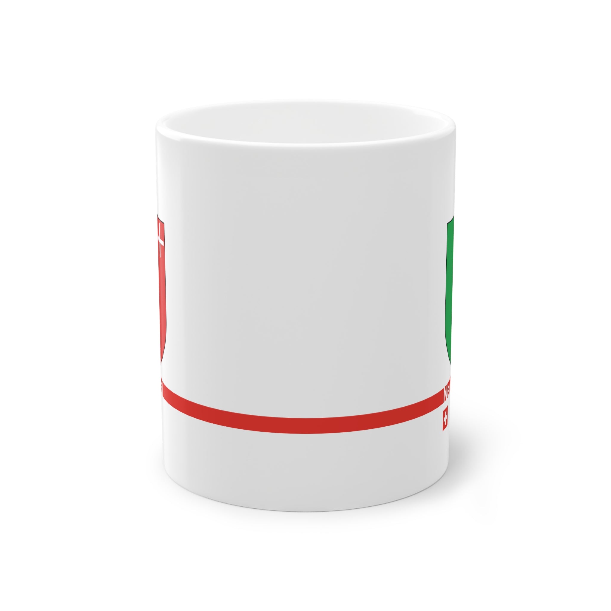 White ceramic mug featuring the green, white, and red vertical coat of arms of the Canton of Neuchâtel, a modern red horizontal line with 'Neuchâtel' text, and a small Swiss cross below.