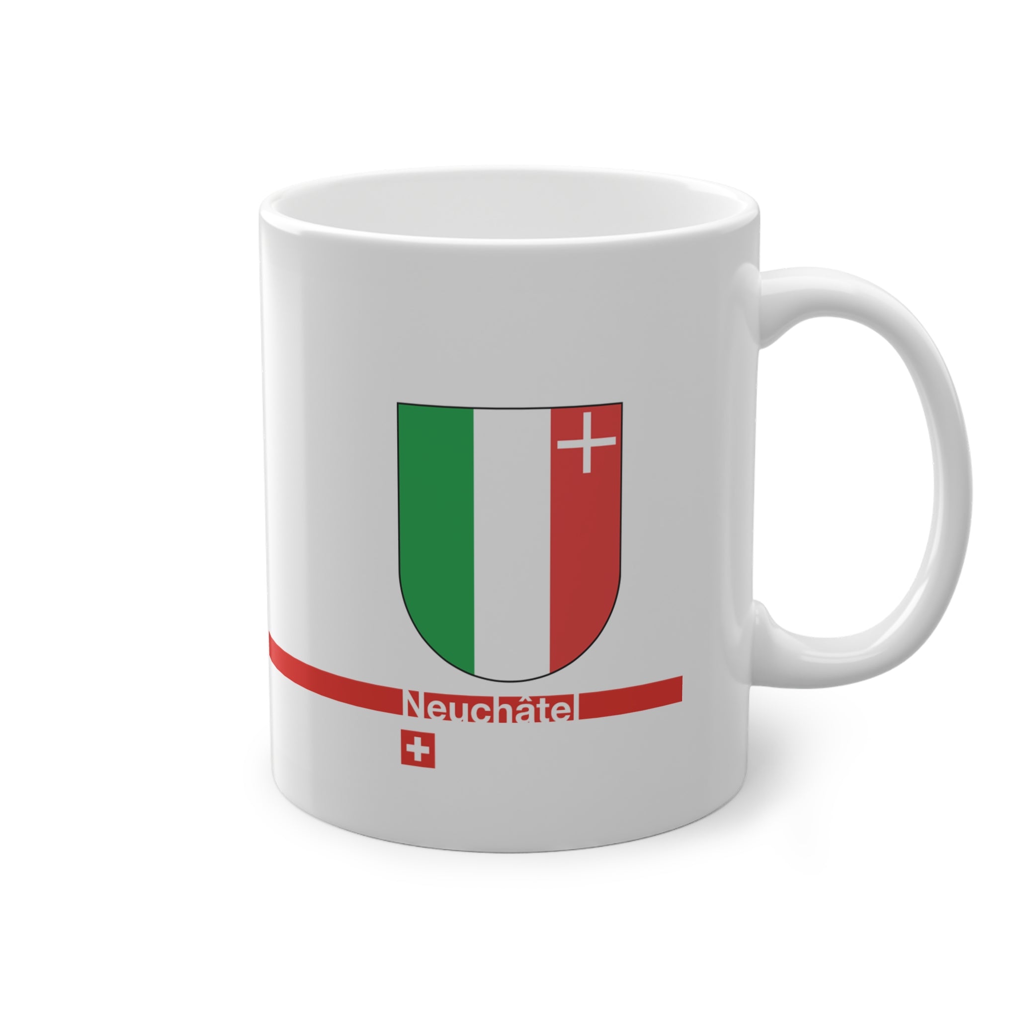 White ceramic mug featuring the green, white, and red vertical coat of arms of the Canton of Neuchâtel, a modern red horizontal line with 'Neuchâtel' text, and a small Swiss cross below.