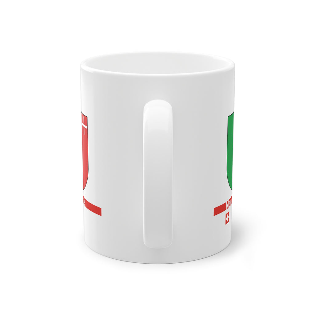 White ceramic mug featuring the green, white, and red vertical coat of arms of the Canton of Neuchâtel, a modern red horizontal line with 'Neuchâtel' text, and a small Swiss cross below.