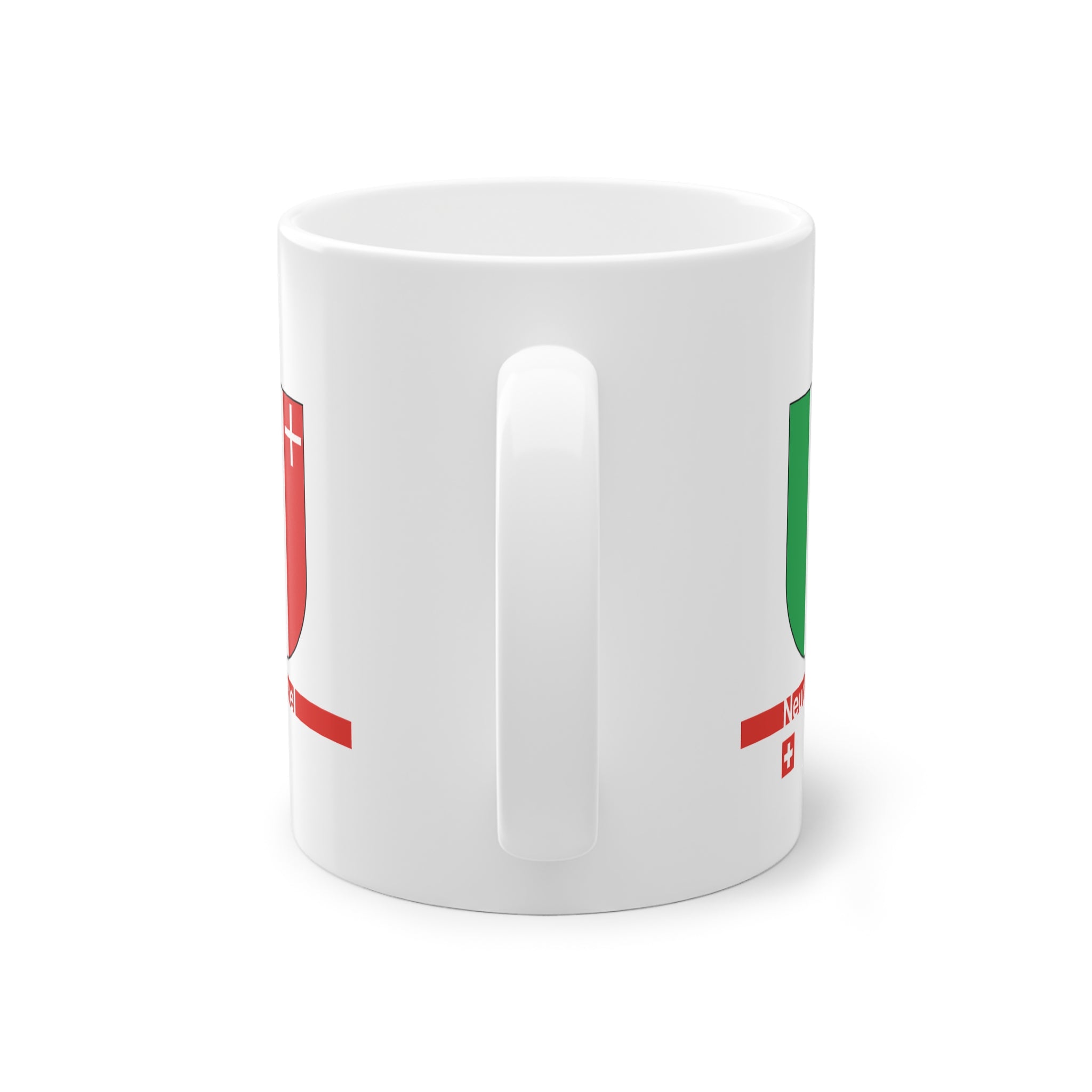 White ceramic mug featuring the green, white, and red vertical coat of arms of the Canton of Neuchâtel, a modern red horizontal line with 'Neuchâtel' text, and a small Swiss cross below.