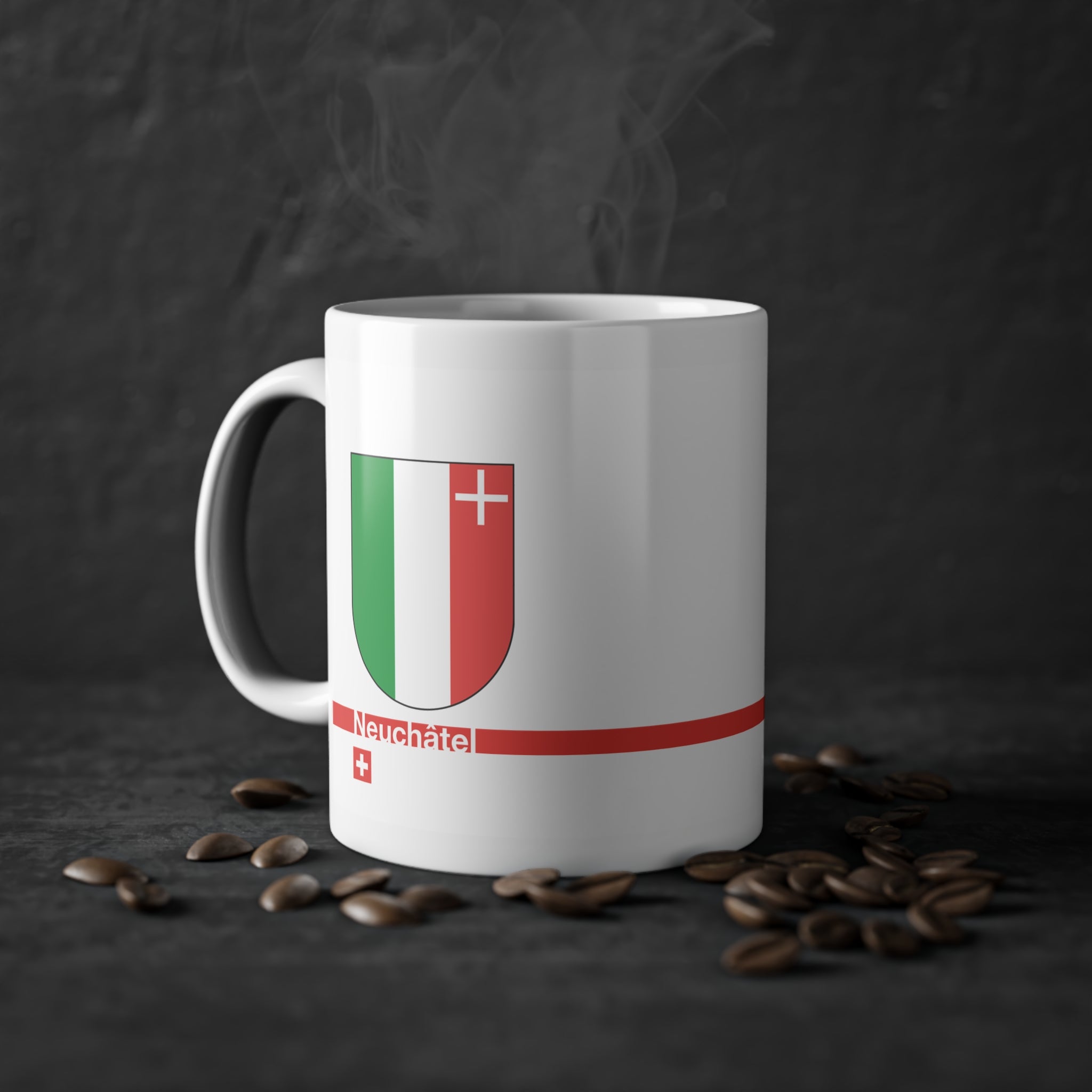 White ceramic mug featuring the green, white, and red vertical coat of arms of the Canton of Neuchâtel, a modern red horizontal line with 'Neuchâtel' text, and a small Swiss cross below.