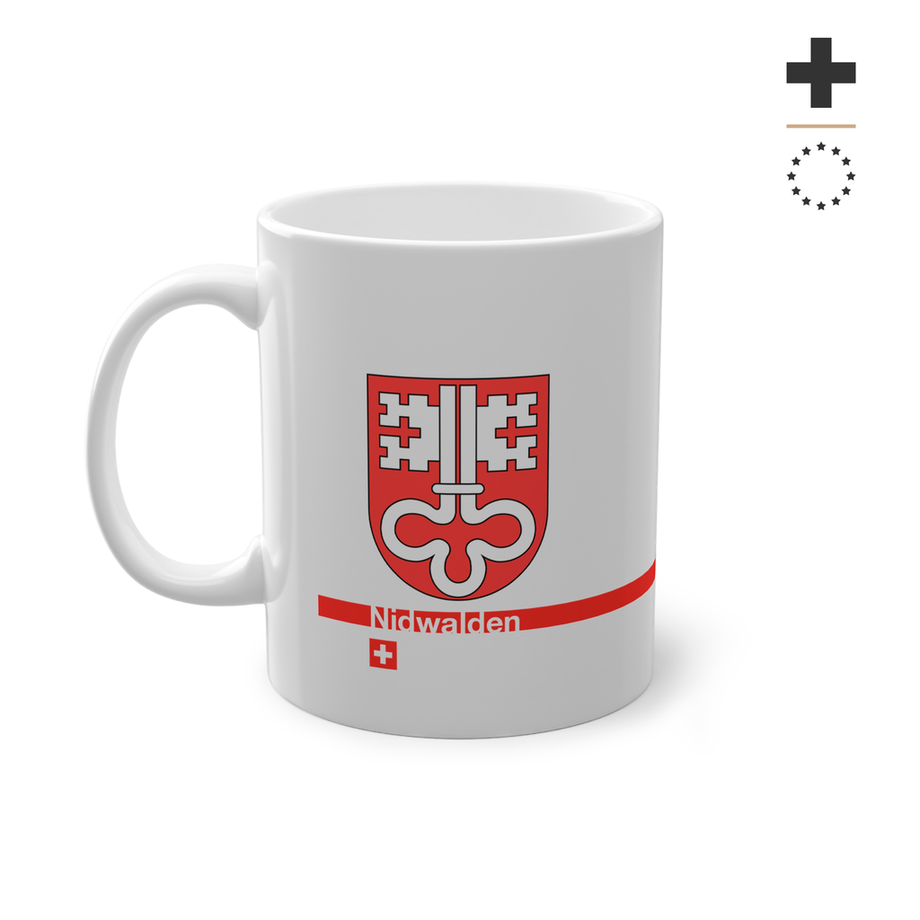 White ceramic mug with the red Canton of Nidwalden coat of arms (double white key), featuring a modern red horizontal line with 'Nidwalden' text and a small Swiss cross.