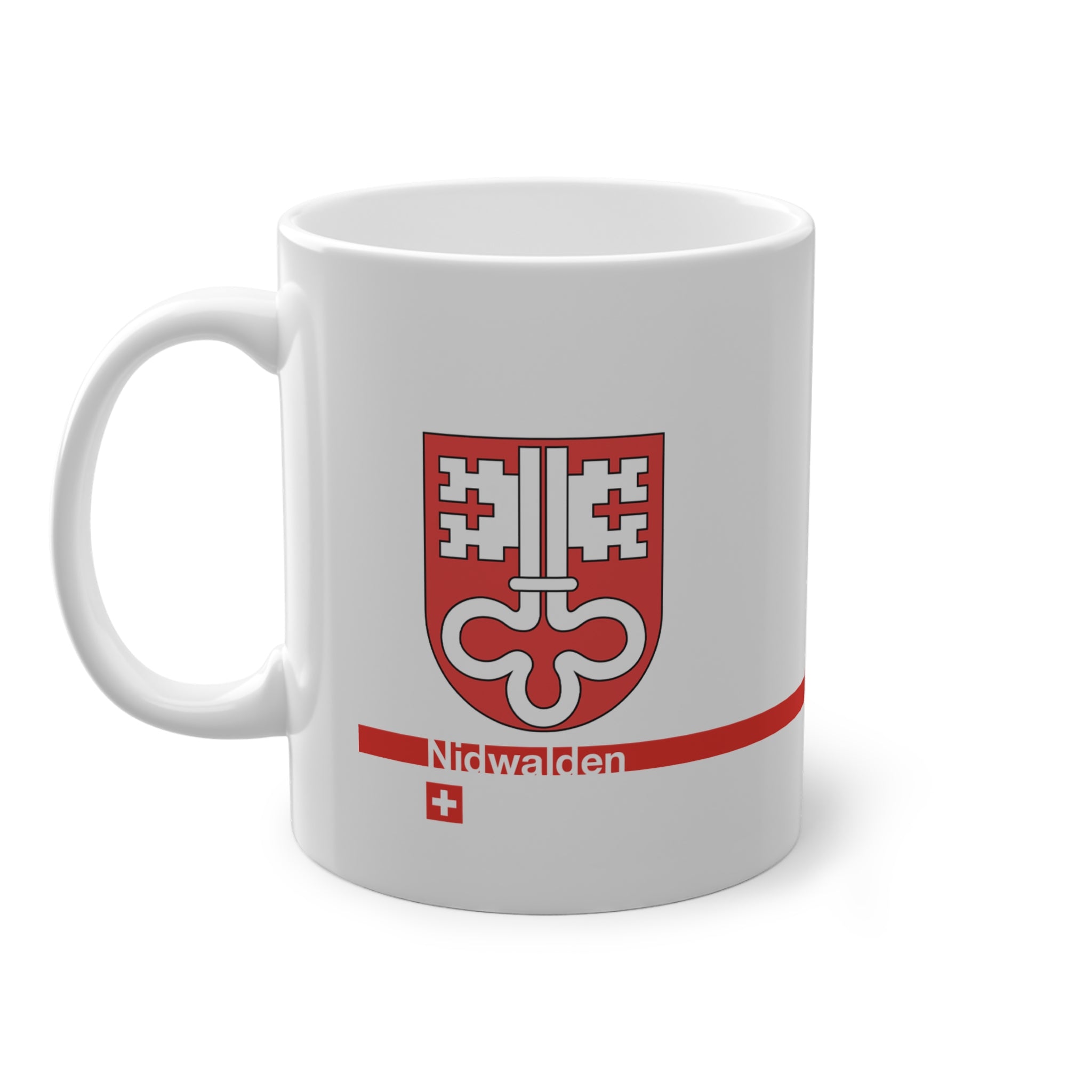 White ceramic mug with the red Canton of Nidwalden coat of arms (double white key), featuring a modern red horizontal line with 'Nidwalden' text and a small Swiss cross.