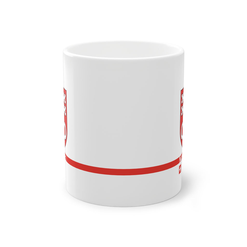 White ceramic mug with the red Canton of Nidwalden coat of arms (double white key), featuring a modern red horizontal line with 'Nidwalden' text and a small Swiss cross.