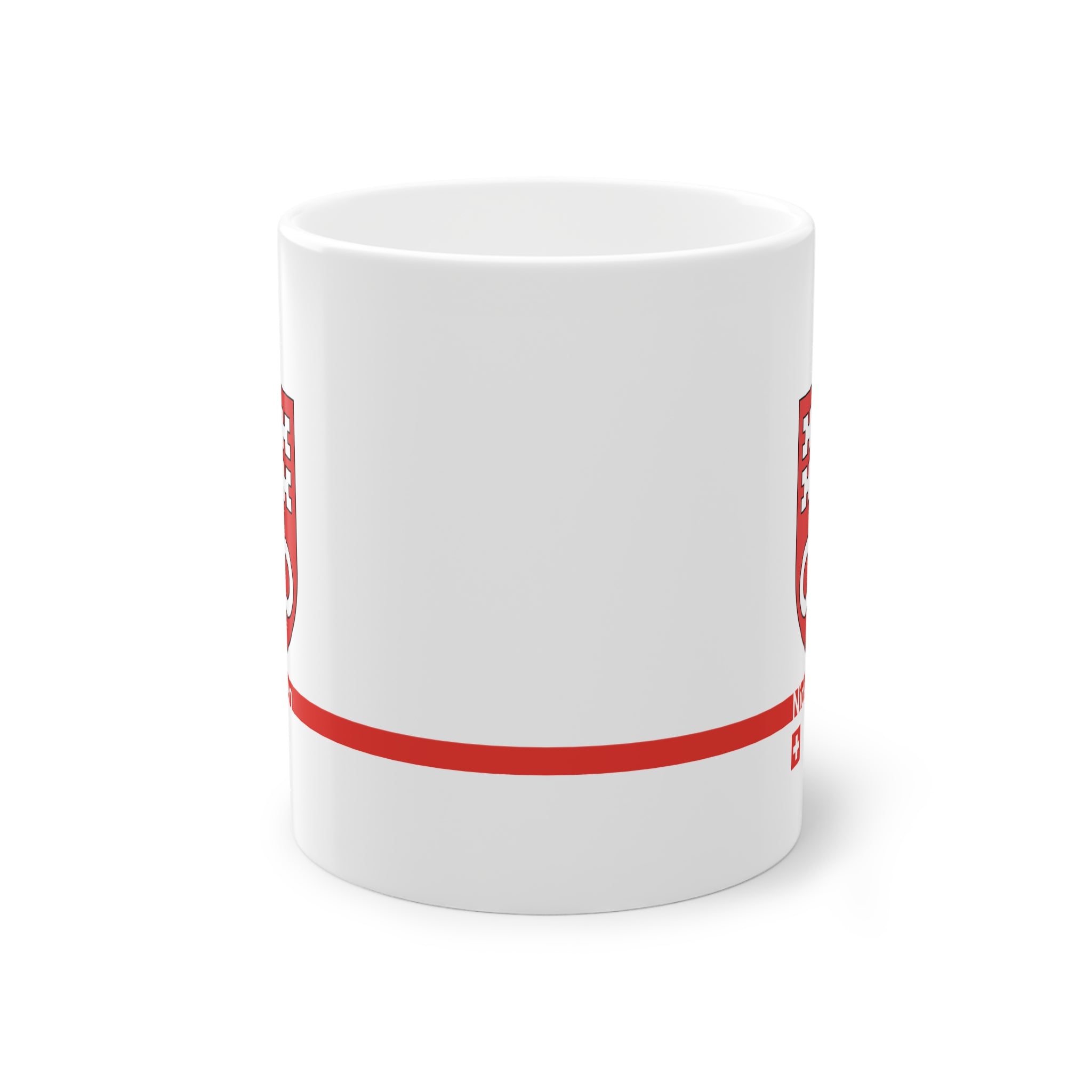 White ceramic mug with the red Canton of Nidwalden coat of arms (double white key), featuring a modern red horizontal line with 'Nidwalden' text and a small Swiss cross.