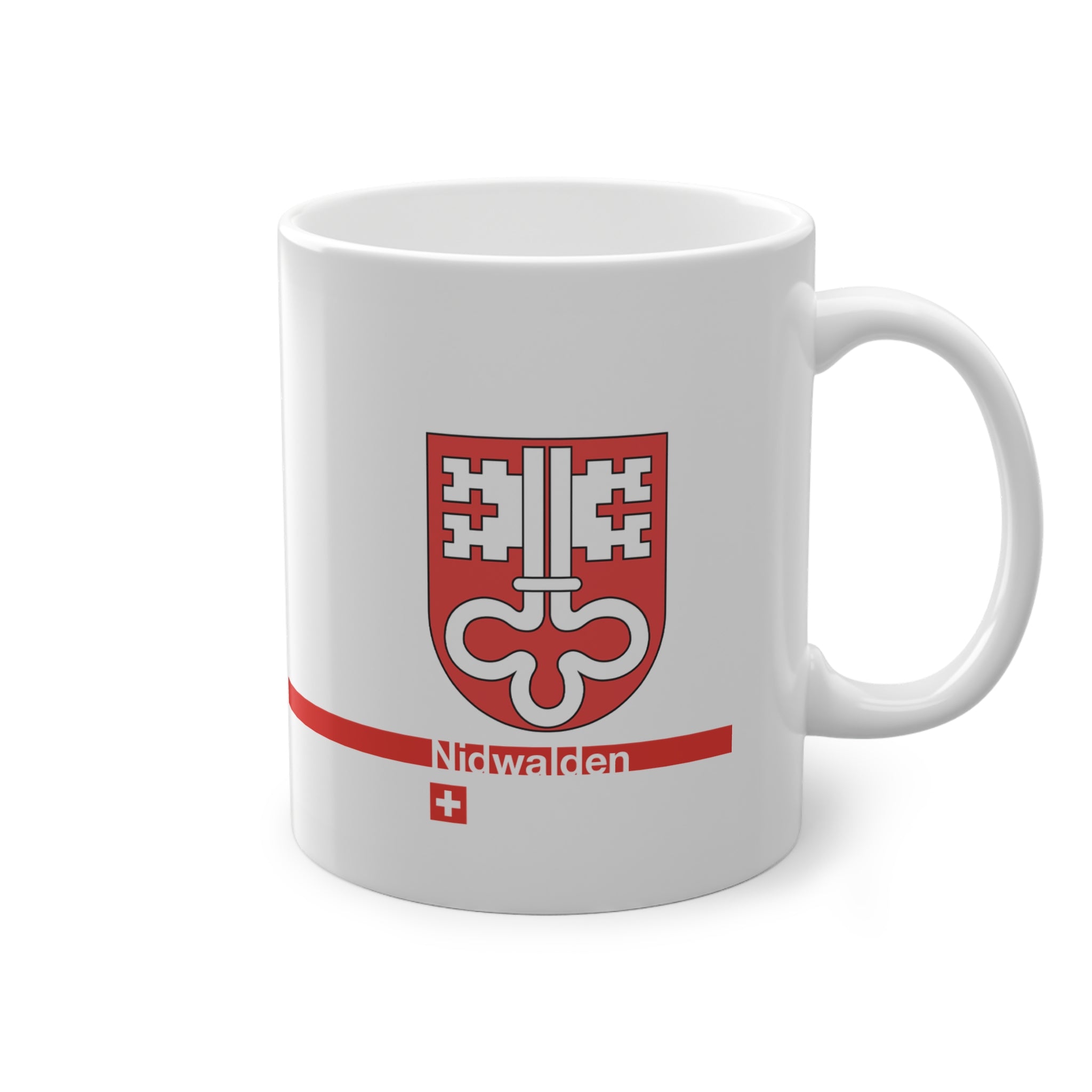 White ceramic mug with the red Canton of Nidwalden coat of arms (double white key), featuring a modern red horizontal line with 'Nidwalden' text and a small Swiss cross.