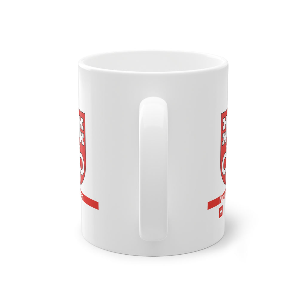 White ceramic mug with the red Canton of Nidwalden coat of arms (double white key), featuring a modern red horizontal line with 'Nidwalden' text and a small Swiss cross.
