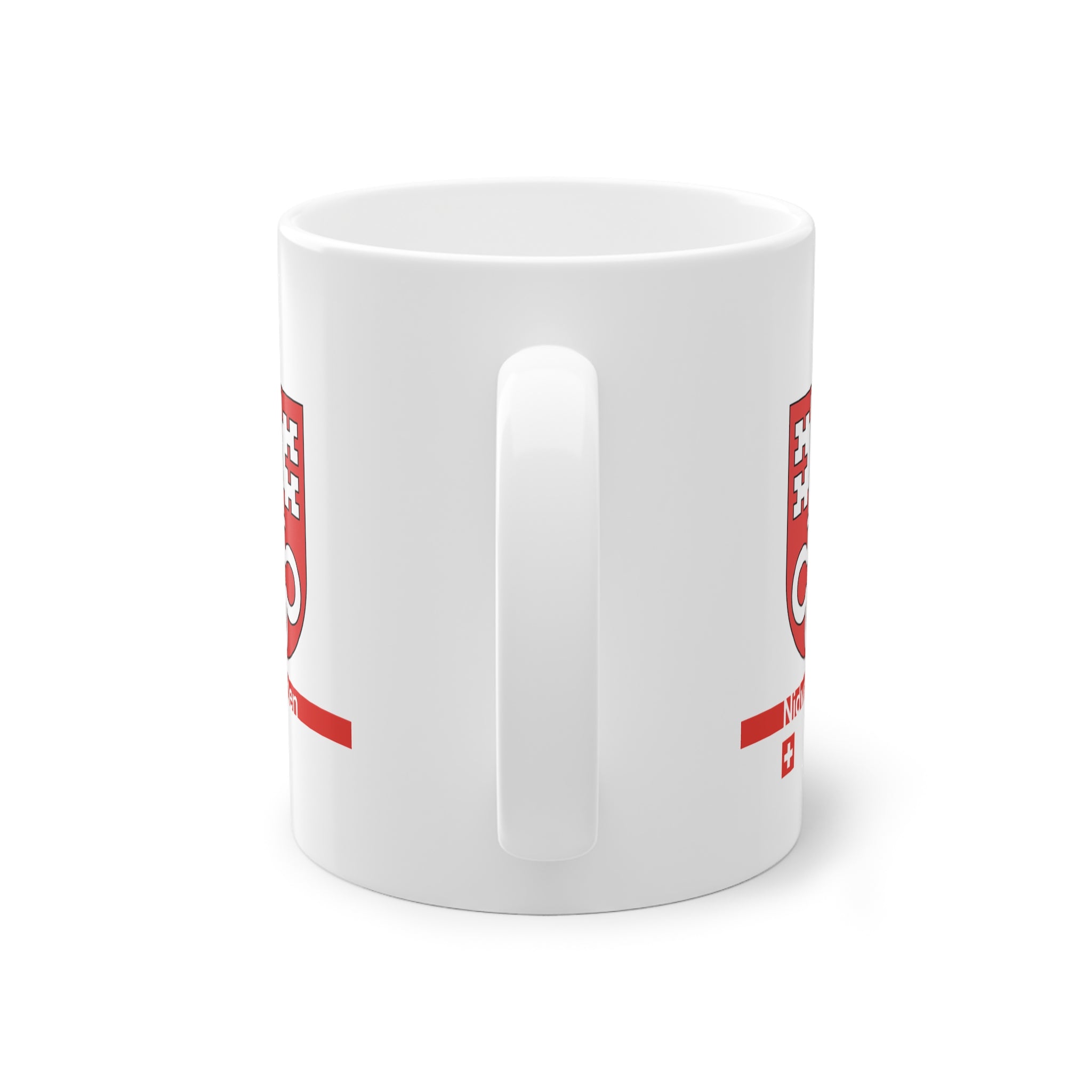White ceramic mug with the red Canton of Nidwalden coat of arms (double white key), featuring a modern red horizontal line with 'Nidwalden' text and a small Swiss cross.
