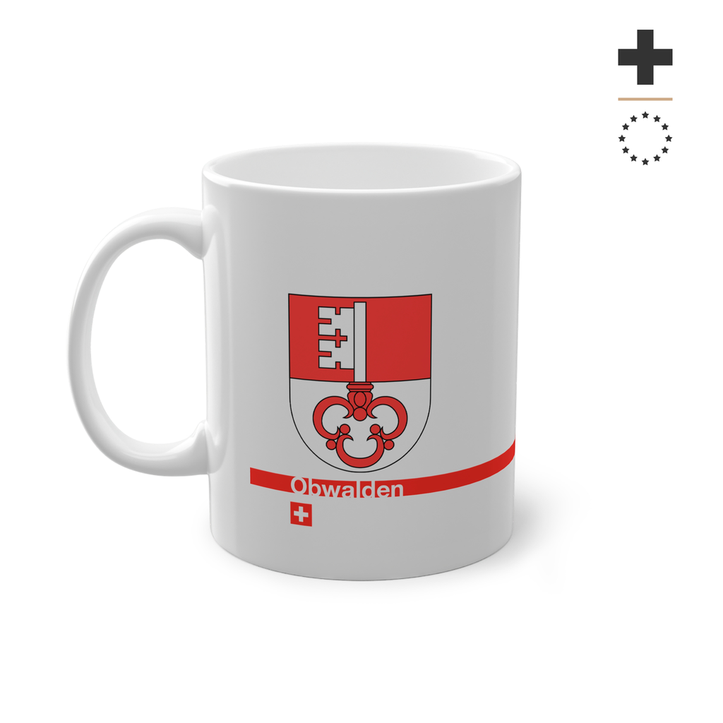 White ceramic mug featuring the red and white split Canton of Obwalden coat of arms (single white key), a modern red horizontal line with 'Obwalden' text, and a small Swiss cross below.