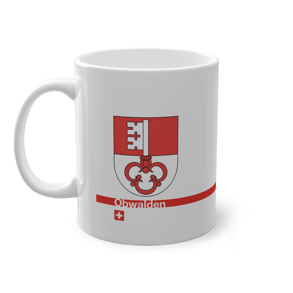 White ceramic mug featuring the red and white split Canton of Obwalden coat of arms (single white key), a modern red horizontal line with 'Obwalden' text, and a small Swiss cross below.