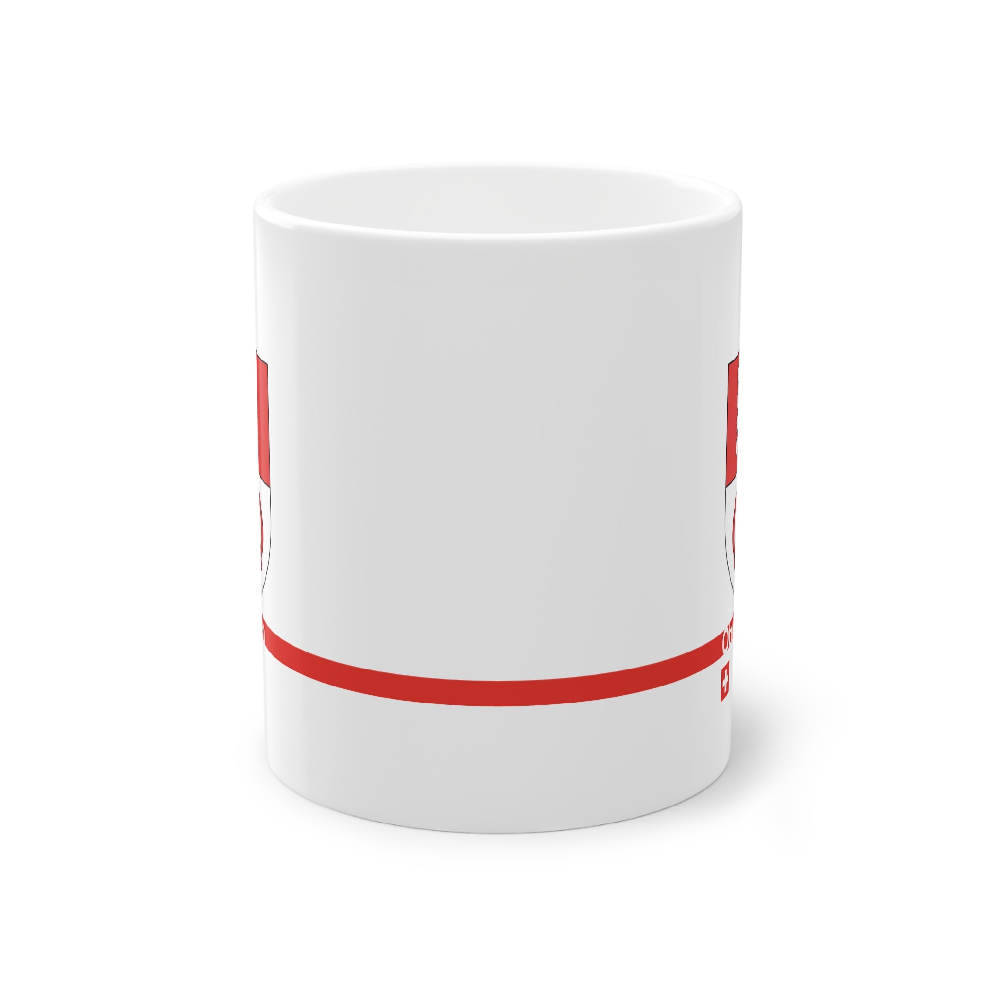 White ceramic mug featuring the red and white split Canton of Obwalden coat of arms (single white key), a modern red horizontal line with 'Obwalden' text, and a small Swiss cross below.