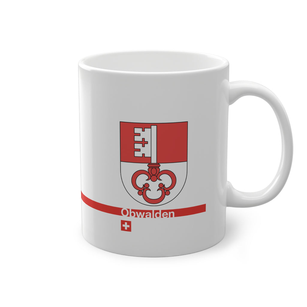 White ceramic mug featuring the red and white split Canton of Obwalden coat of arms (single white key), a modern red horizontal line with 'Obwalden' text, and a small Swiss cross below.