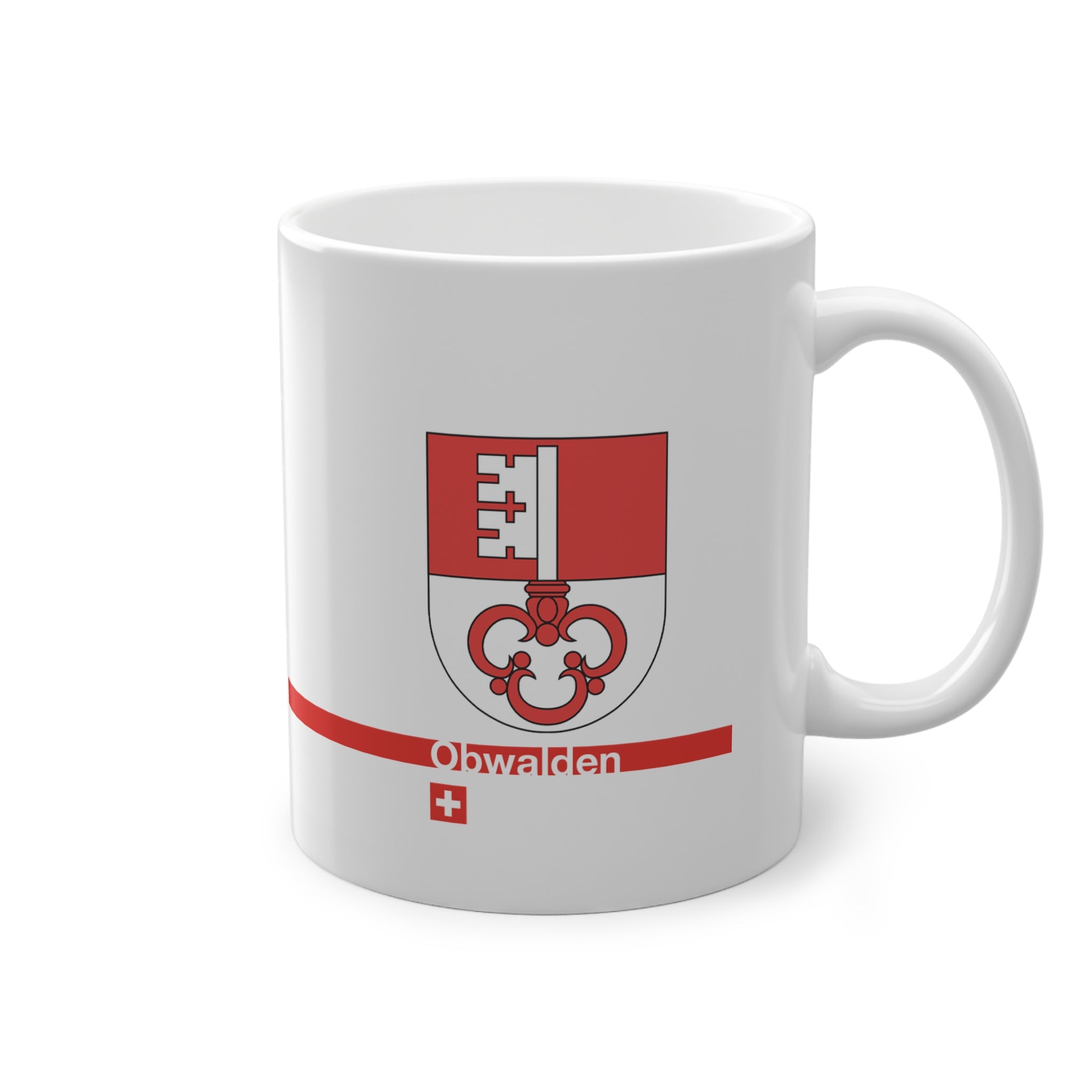 White ceramic mug featuring the red and white split Canton of Obwalden coat of arms (single white key), a modern red horizontal line with 'Obwalden' text, and a small Swiss cross below.