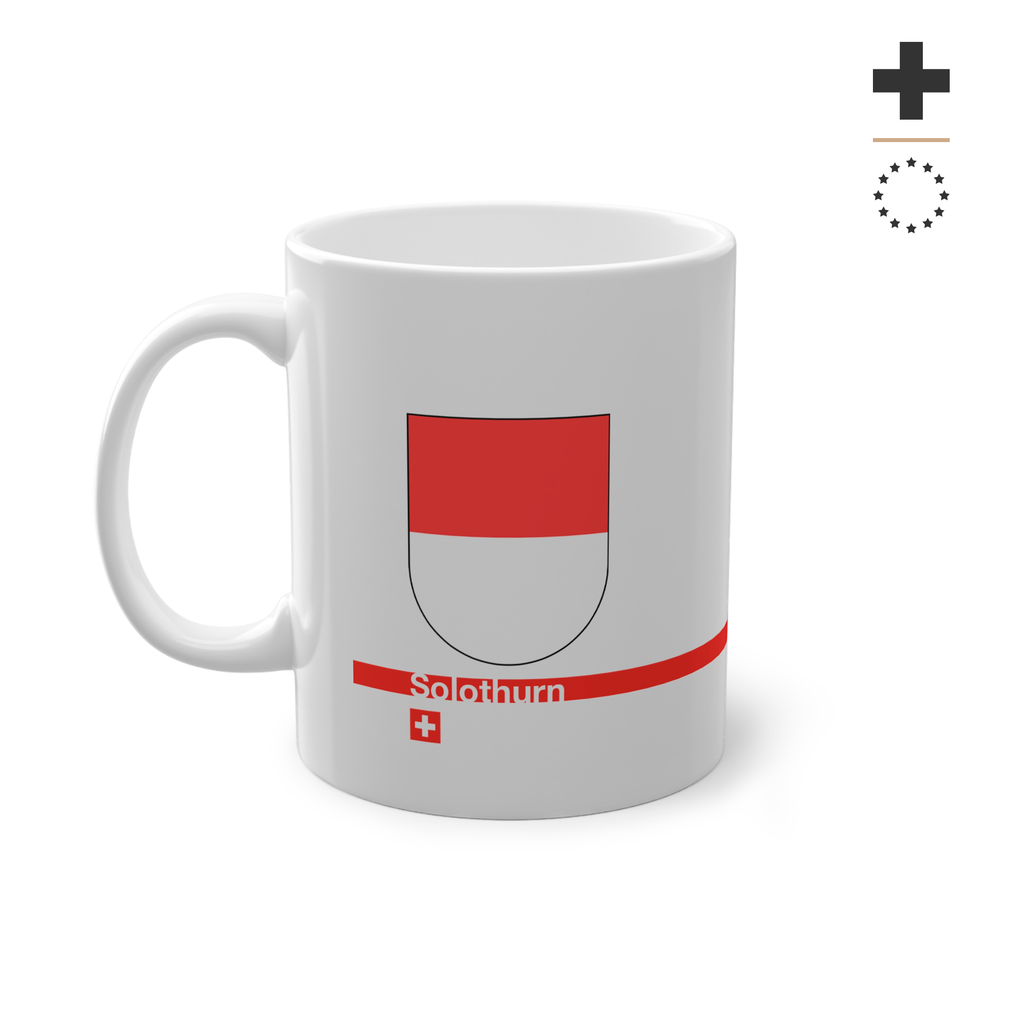 White ceramic mug featuring the red and white horizontal coat of arms of the Canton of Solothurn, a modern red horizontal line with 'Solothurn' text, and a small Swiss cross below.