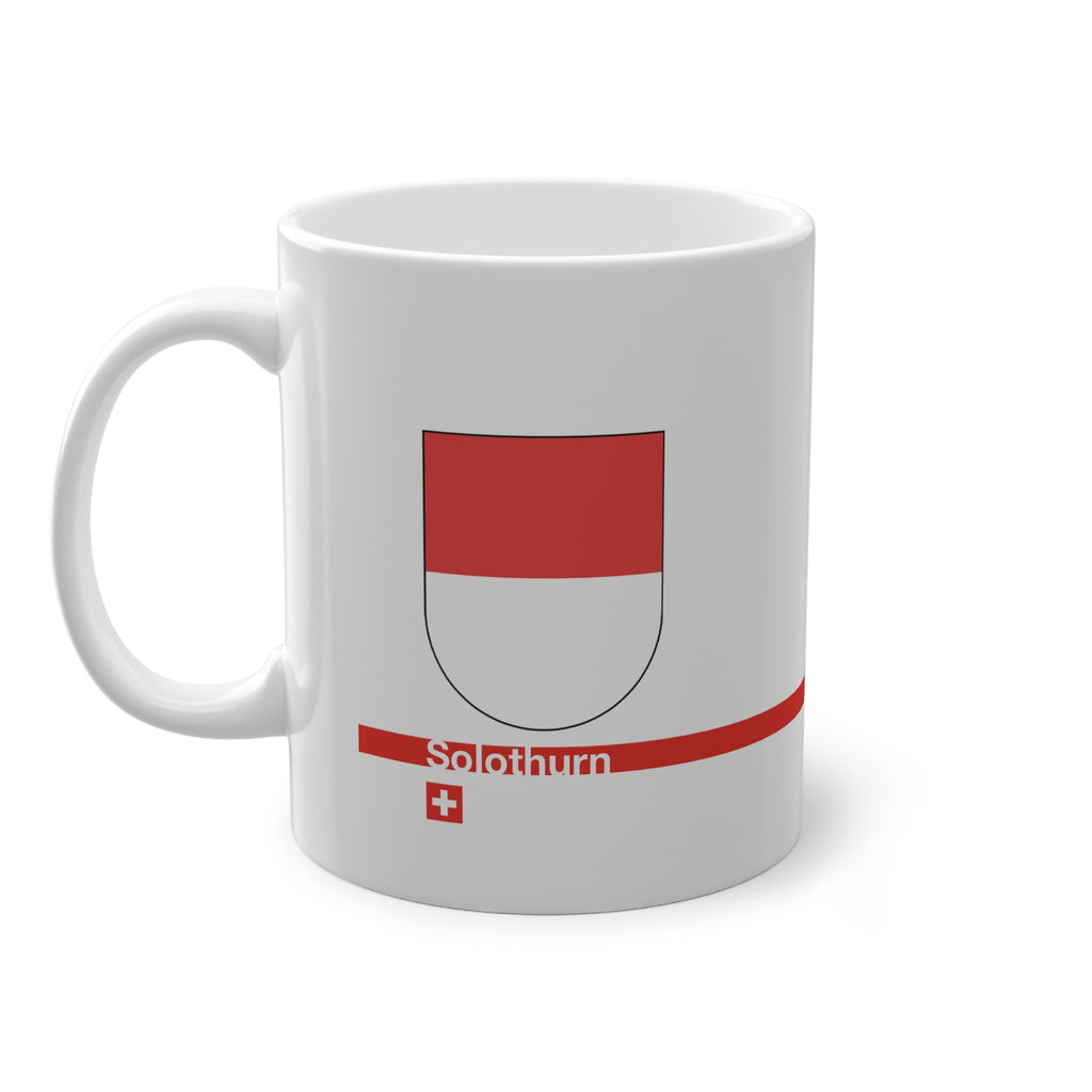 White ceramic mug featuring the red and white horizontal coat of arms of the Canton of Solothurn, a modern red horizontal line with 'Solothurn' text, and a small Swiss cross below.