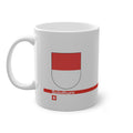White ceramic mug featuring the red and white horizontal coat of arms of the Canton of Solothurn, a modern red horizontal line with 'Solothurn' text, and a small Swiss cross below.