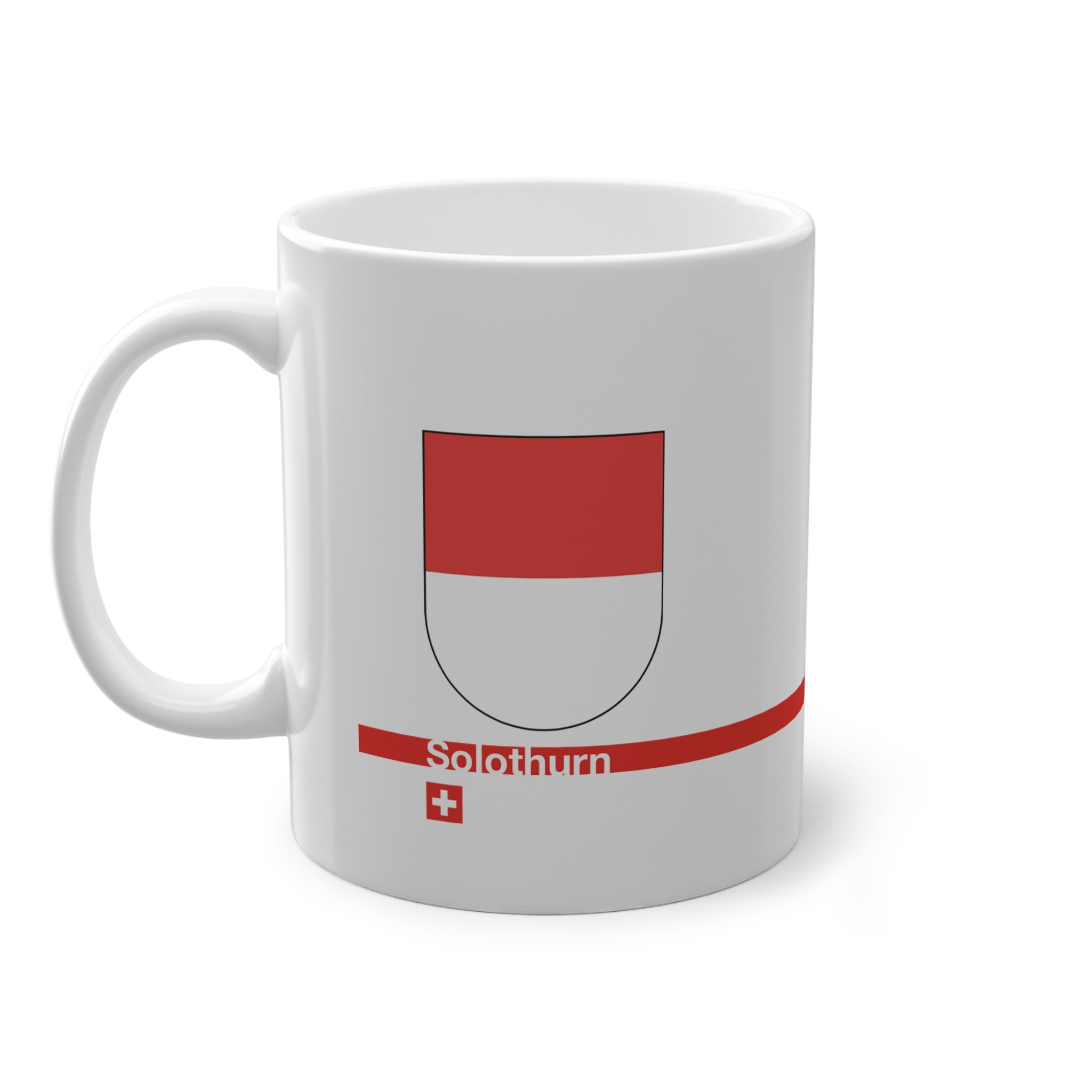 White ceramic mug featuring the red and white horizontal coat of arms of the Canton of Solothurn, a modern red horizontal line with 'Solothurn' text, and a small Swiss cross below.