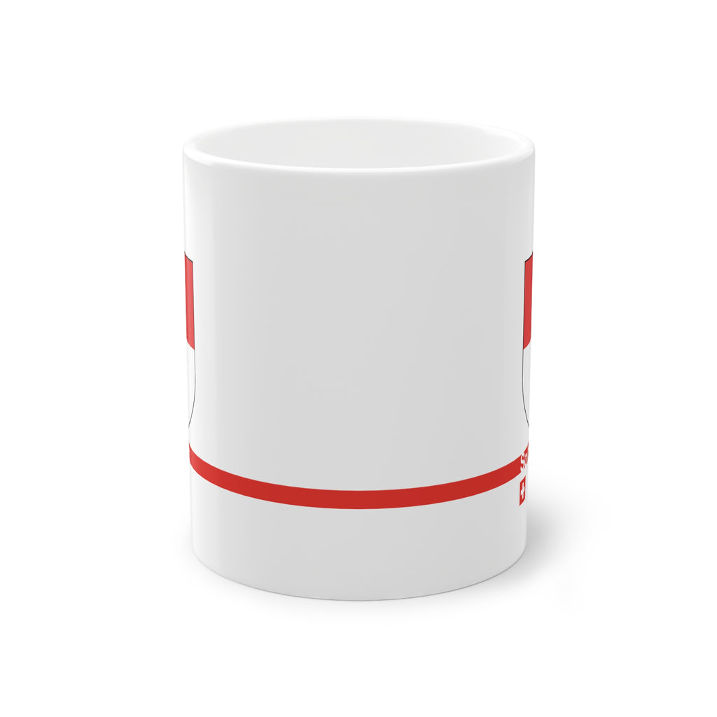 White ceramic mug featuring the red and white horizontal coat of arms of the Canton of Solothurn, a modern red horizontal line with 'Solothurn' text, and a small Swiss cross below.