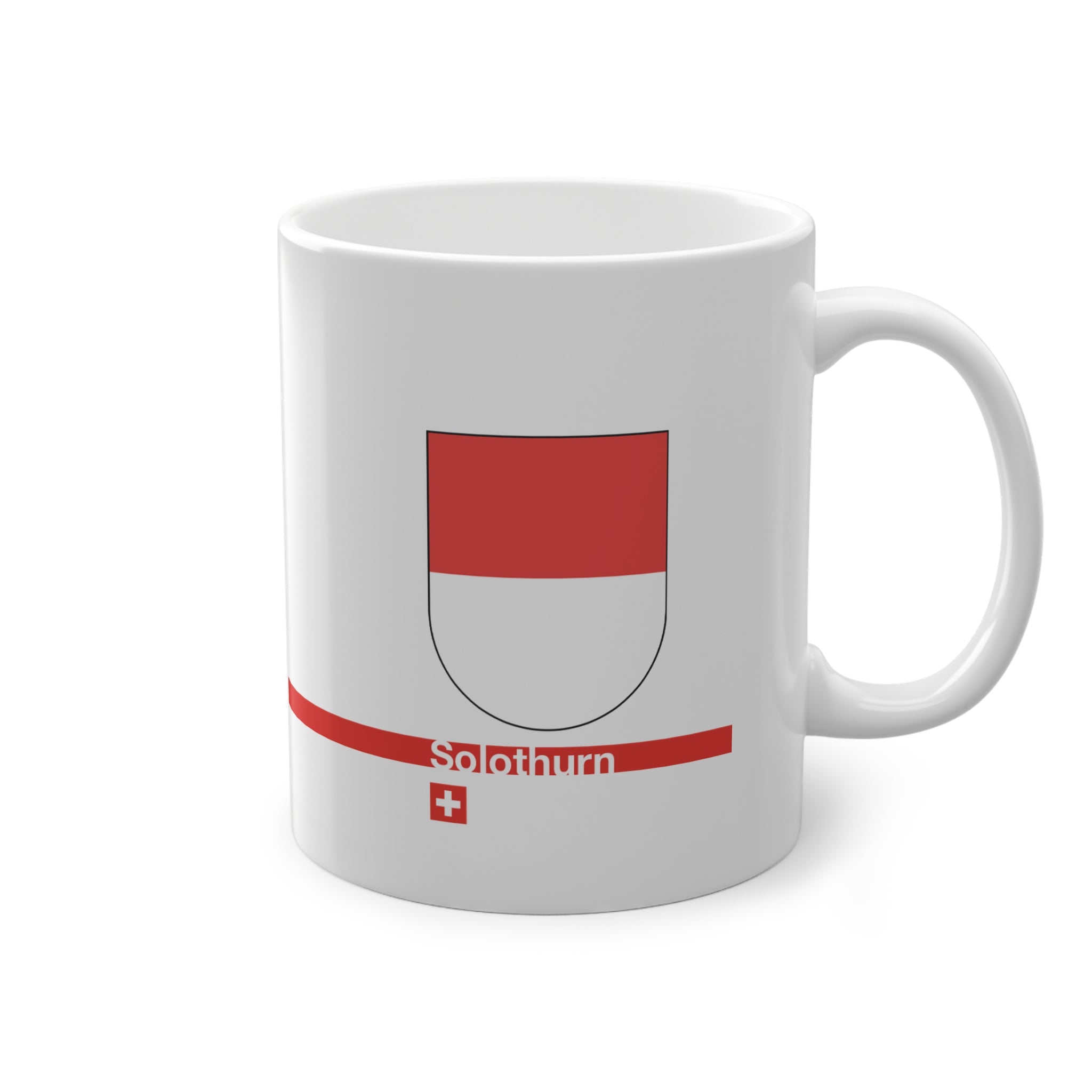 White ceramic mug featuring the red and white horizontal coat of arms of the Canton of Solothurn, a modern red horizontal line with 'Solothurn' text, and a small Swiss cross below.