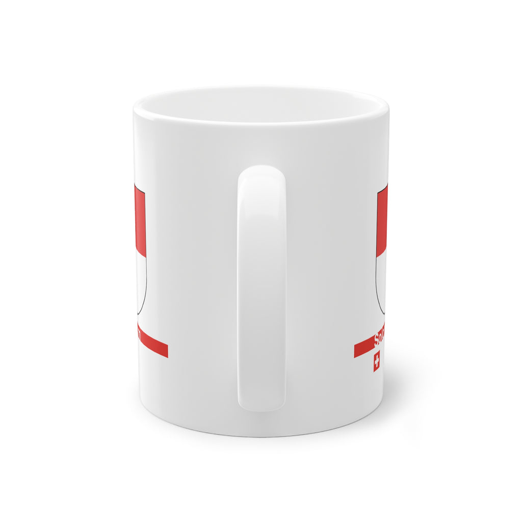 White ceramic mug featuring the red and white horizontal coat of arms of the Canton of Solothurn, a modern red horizontal line with 'Solothurn' text, and a small Swiss cross below.