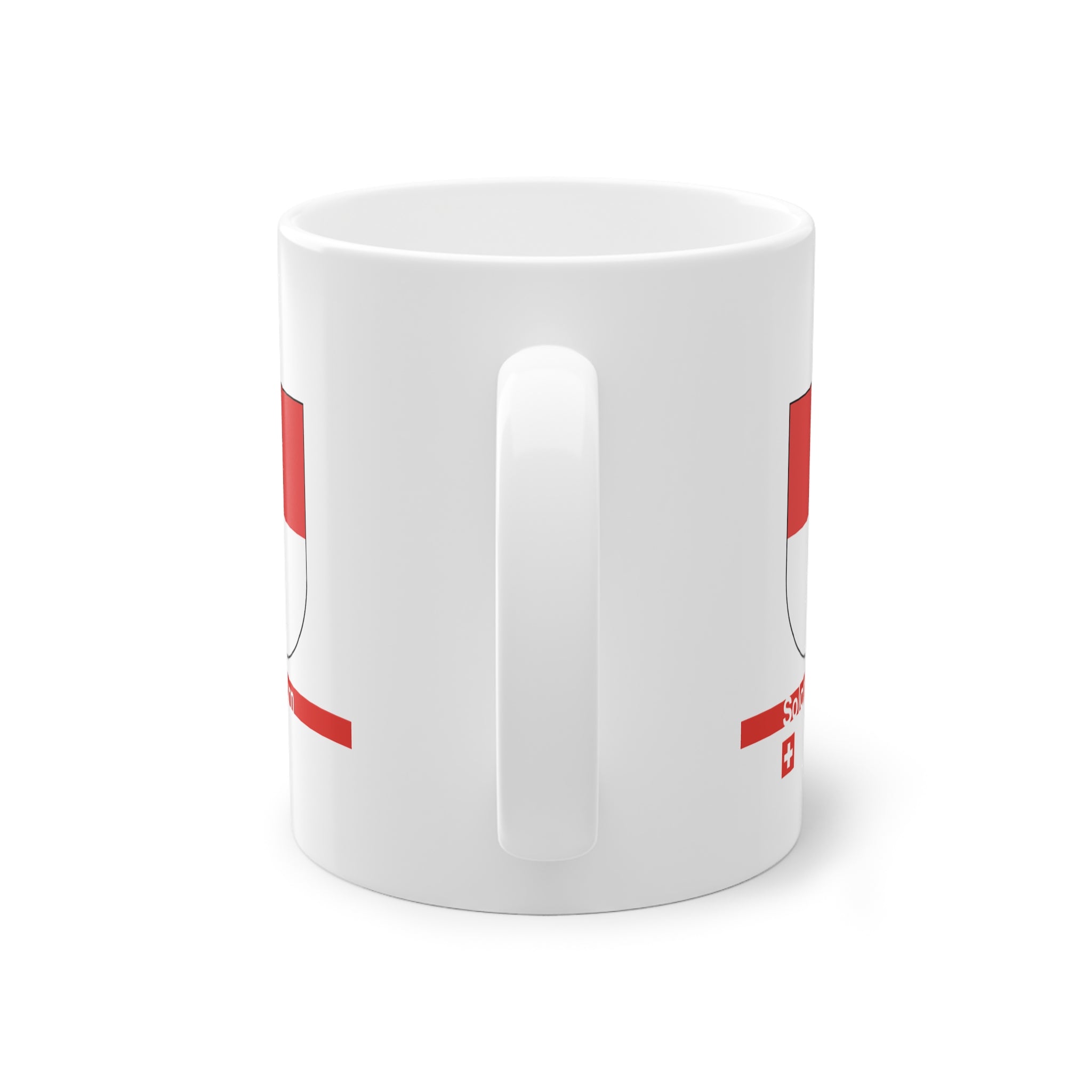 White ceramic mug featuring the red and white horizontal coat of arms of the Canton of Solothurn, a modern red horizontal line with 'Solothurn' text, and a small Swiss cross below.