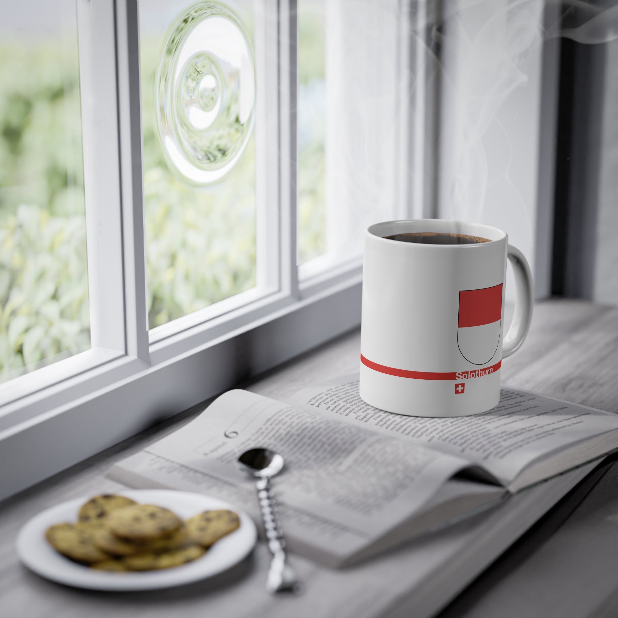 White ceramic mug featuring the red and white horizontal coat of arms of the Canton of Solothurn, a modern red horizontal line with 'Solothurn' text, and a small Swiss cross below.