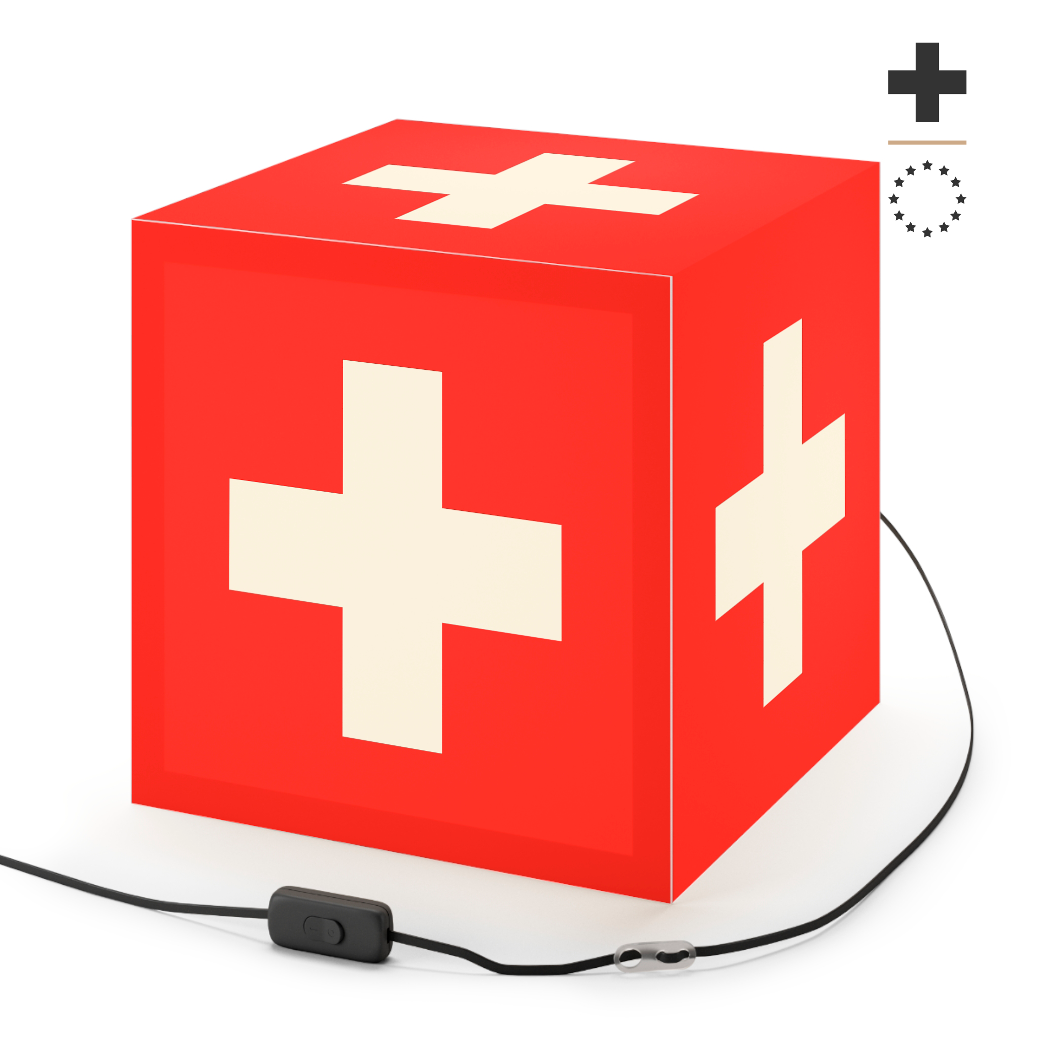 Minimalist cube-shaped lamp featuring the red and white Swiss cross flag design. Available in regular 30 cm and small 20 cm sizes, shown as a geometric lighting fixture with a matte finish, perfect for modern home decor and Swiss National Day 1st of August celebrations.