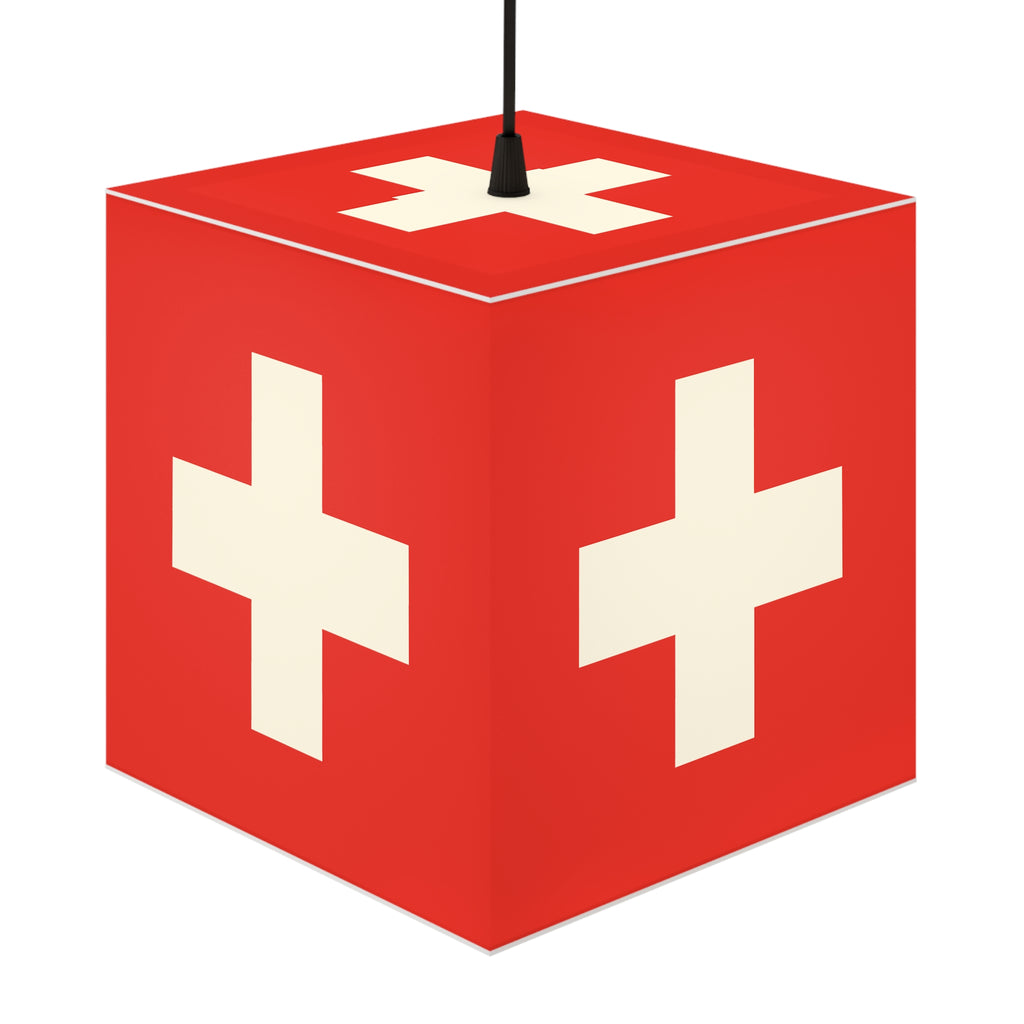 Minimalist cube-shaped lamp featuring the red and white Swiss cross flag design. Available in regular 30 cm and small 20 cm sizes, shown as a geometric lighting fixture with a matte finish, perfect for modern home decor and Swiss National Day 1st of August celebrations.