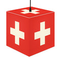Minimalist cube-shaped lamp featuring the red and white Swiss cross flag design. Available in regular 30 cm and small 20 cm sizes, shown as a geometric lighting fixture with a matte finish, perfect for modern home decor and Swiss National Day 1st of August celebrations.