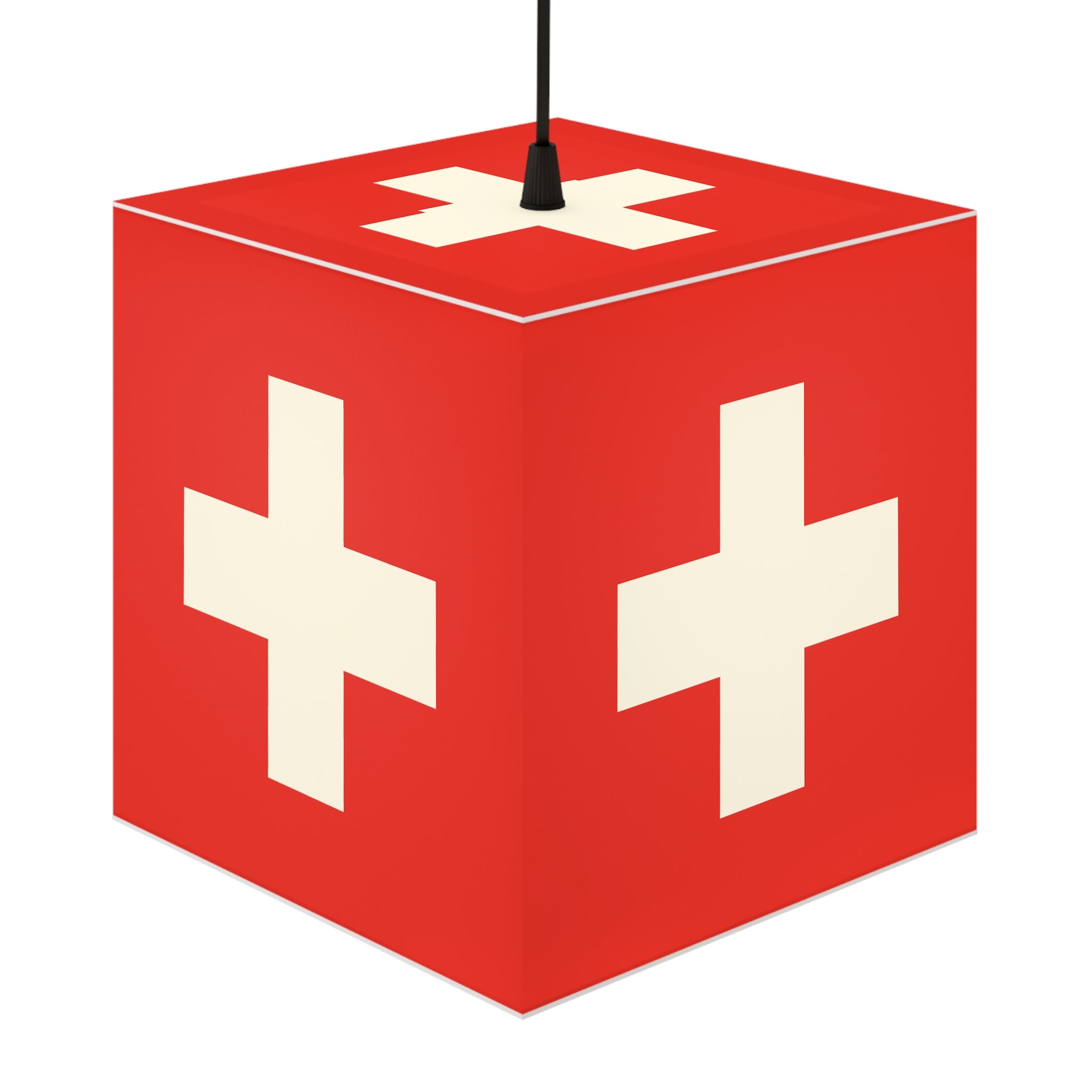 Minimalist cube-shaped lamp featuring the red and white Swiss cross flag design. Available in regular 30 cm and small 20 cm sizes, shown as a geometric lighting fixture with a matte finish, perfect for modern home decor and Swiss National Day 1st of August celebrations.
