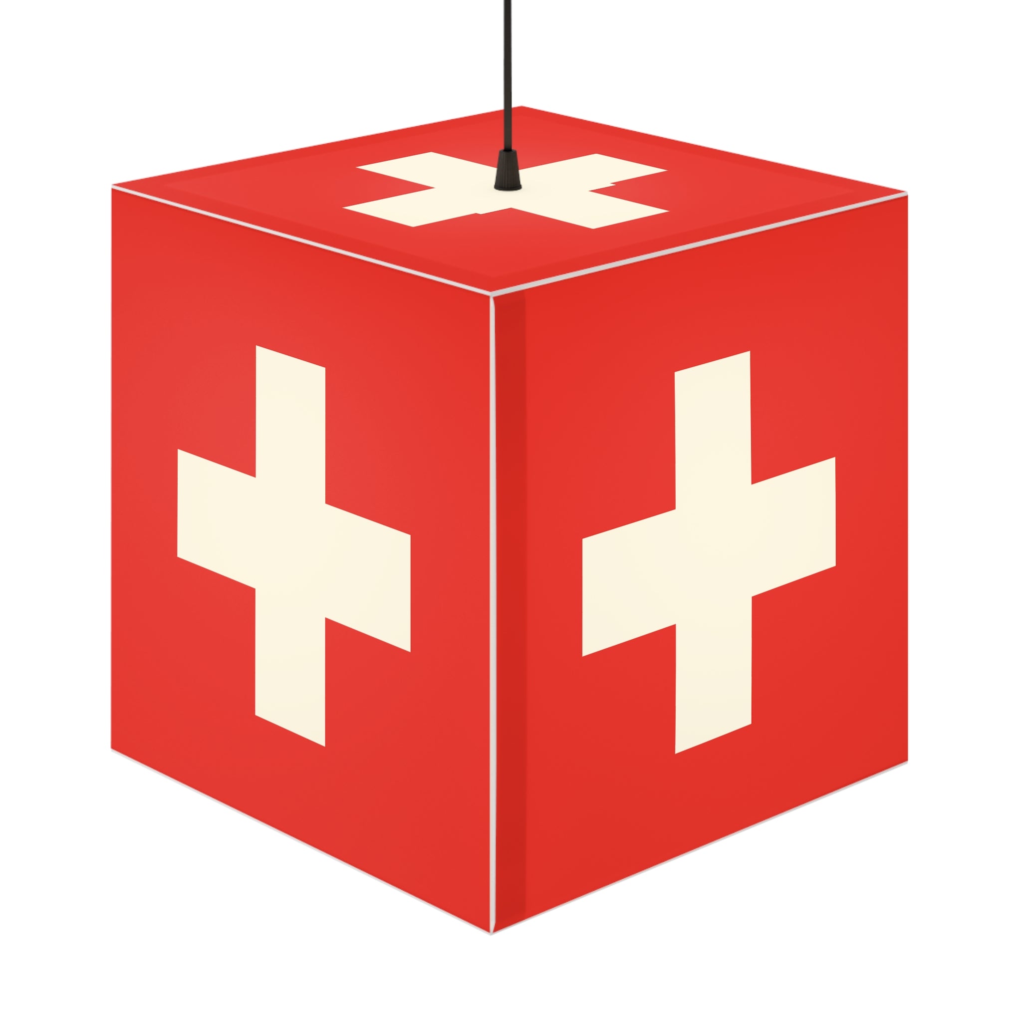 Minimalist cube-shaped lamp featuring the red and white Swiss cross flag design. Available in regular 30 cm and small 20 cm sizes, shown as a geometric lighting fixture with a matte finish, perfect for modern home decor and Swiss National Day 1st of August celebrations.