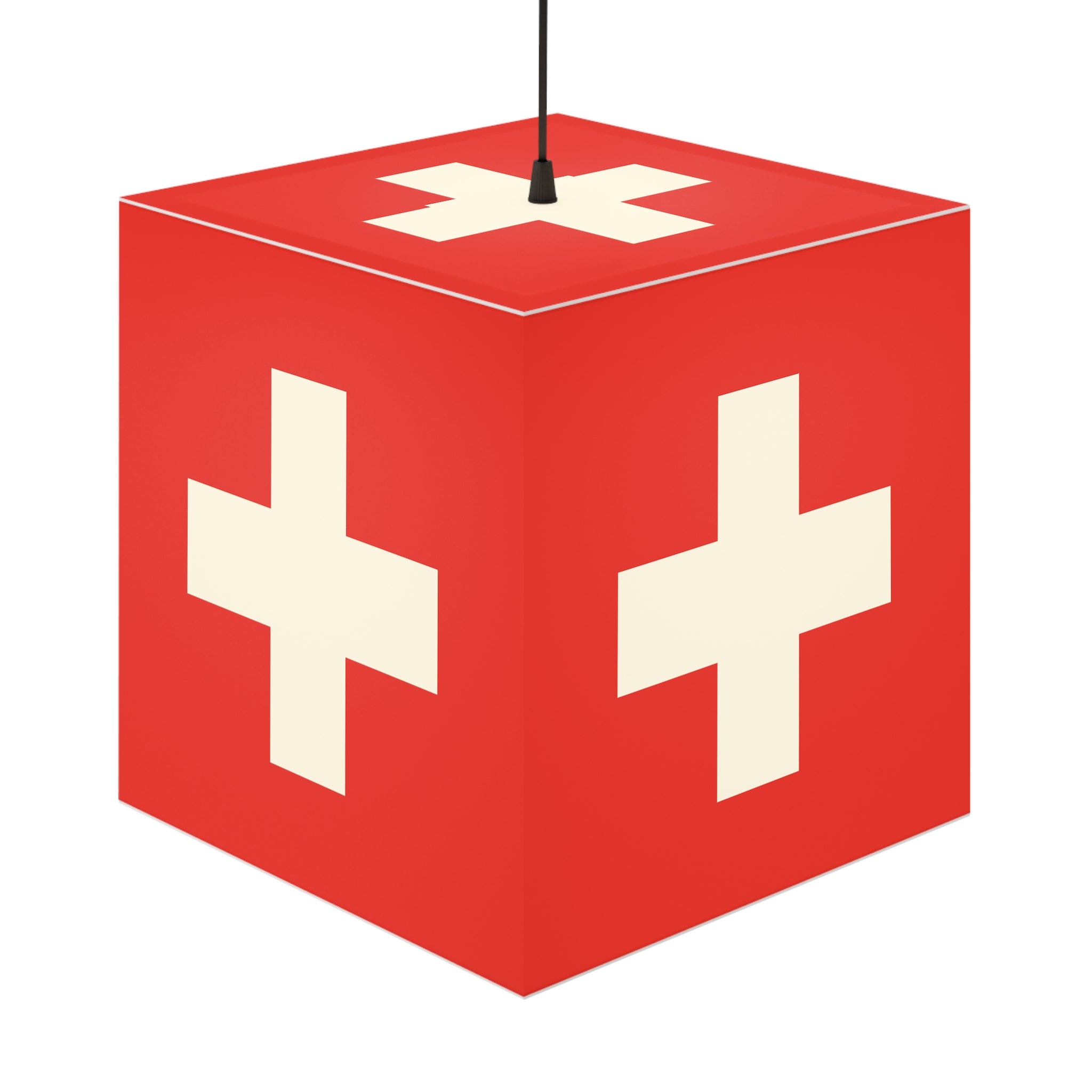 Minimalist cube-shaped lamp featuring the red and white Swiss cross flag design. Available in regular 30 cm and small 20 cm sizes, shown as a geometric lighting fixture with a matte finish, perfect for modern home decor and Swiss National Day 1st of August celebrations.