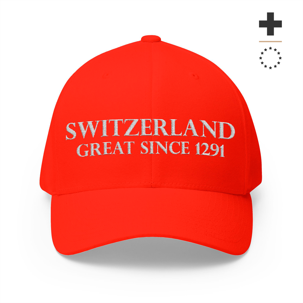 Product multi-angle mockup views of a premium red structured Swiss baseball cap. Front features white 'SWITZERLAND GREAT SINCE 1291' embroidery. Right side displays the Swiss cross flag, left side features country names in German, French, Italian, and Romansh, and the closed back shows a circular CH logo.