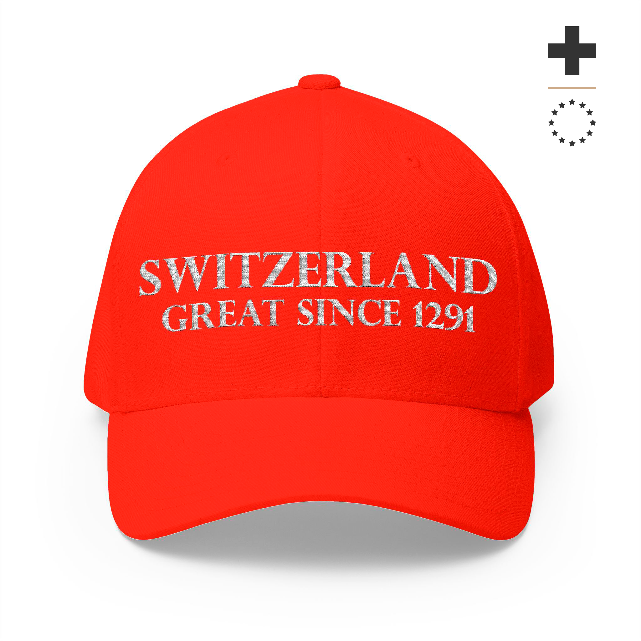 Product multi-angle mockup views of a premium red structured Swiss baseball cap. Front features white 'SWITZERLAND GREAT SINCE 1291' embroidery. Right side displays the Swiss cross flag, left side features country names in German, French, Italian, and Romansh, and the closed back shows a circular CH logo.