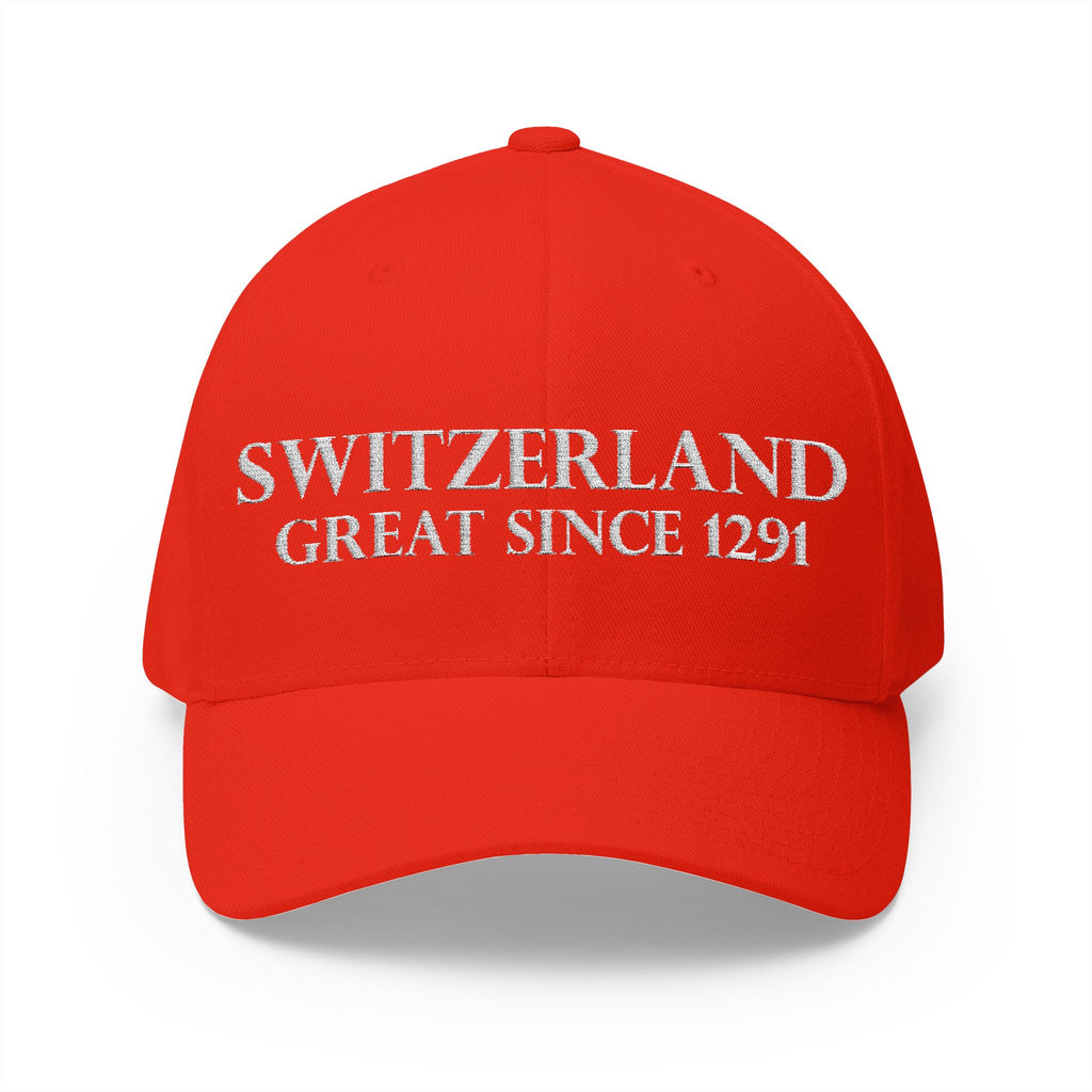 Product multi-angle mockup views of a premium red structured Swiss baseball cap. Front features white 'SWITZERLAND GREAT SINCE 1291' embroidery. Right side displays the Swiss cross flag, left side features country names in German, French, Italian, and Romansh, and the closed back shows a circular CH logo.