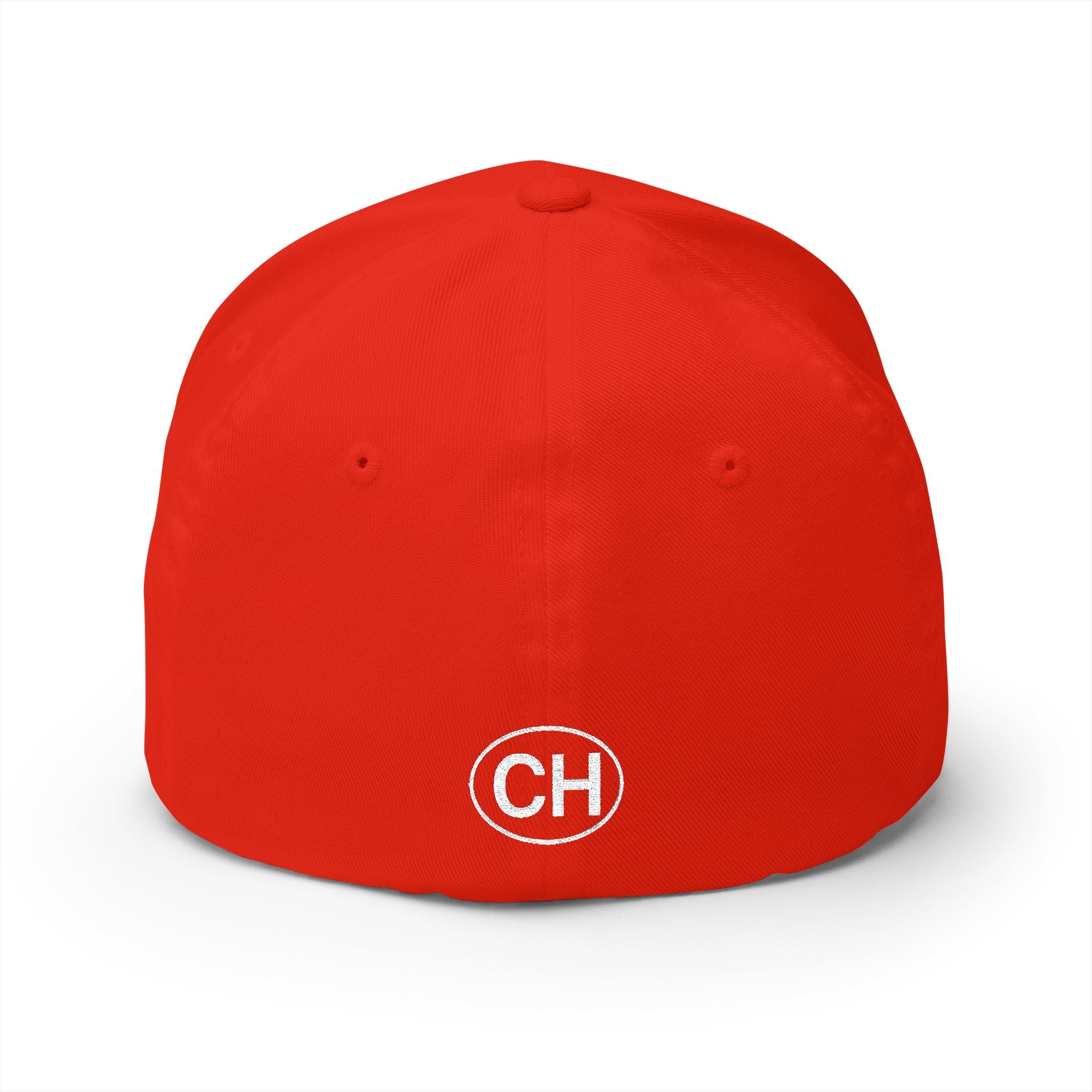 Product multi-angle mockup views of a premium red structured Swiss baseball cap. Front features white 'SWITZERLAND GREAT SINCE 1291' embroidery. Right side displays the Swiss cross flag, left side features country names in German, French, Italian, and Romansh, and the closed back shows a circular CH logo.