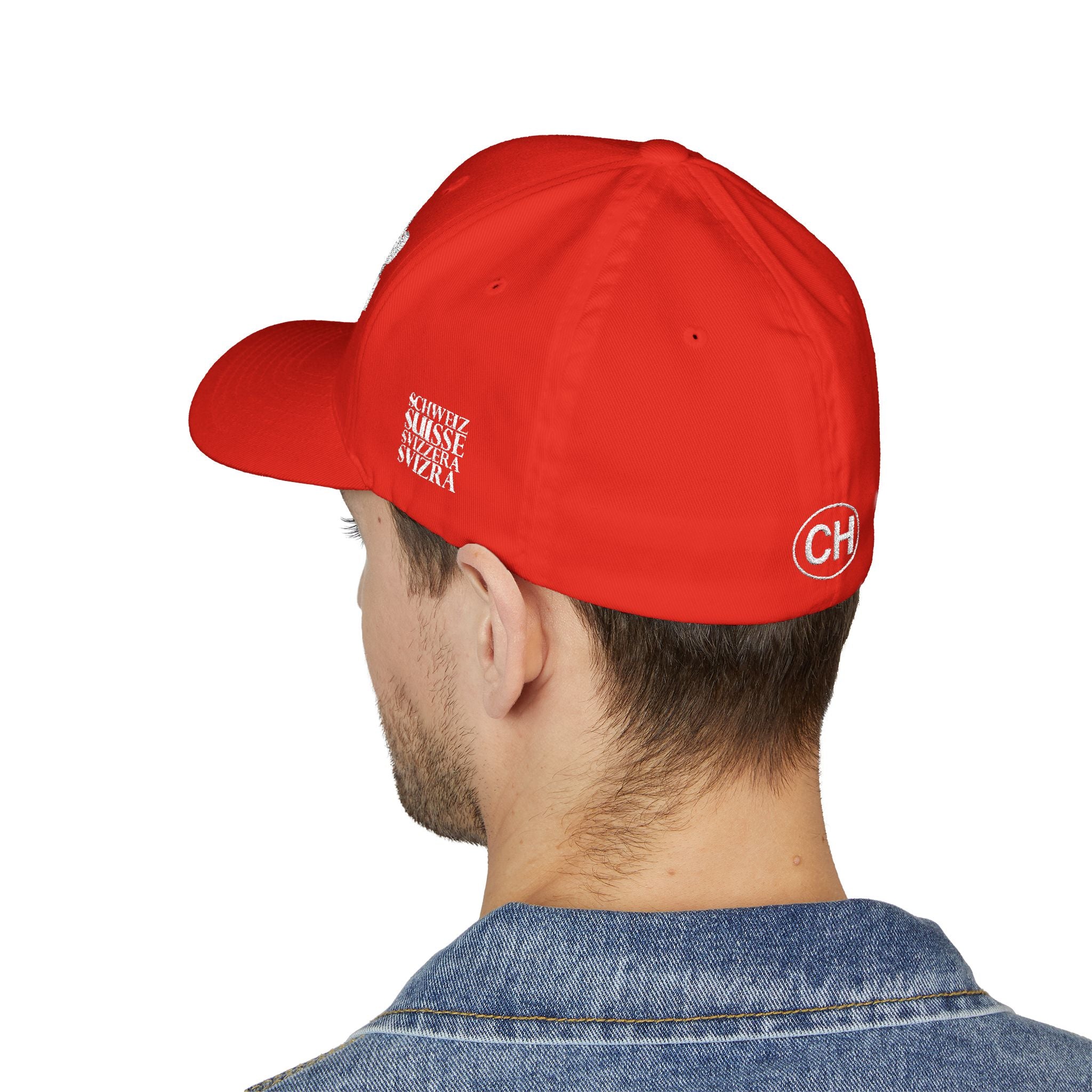Product multi-angle mockup views of a premium red structured Swiss baseball cap. Front features white 'SWITZERLAND GREAT SINCE 1291' embroidery. Right side displays the Swiss cross flag, left side features country names in German, French, Italian, and Romansh, and the closed back shows a circular CH logo.