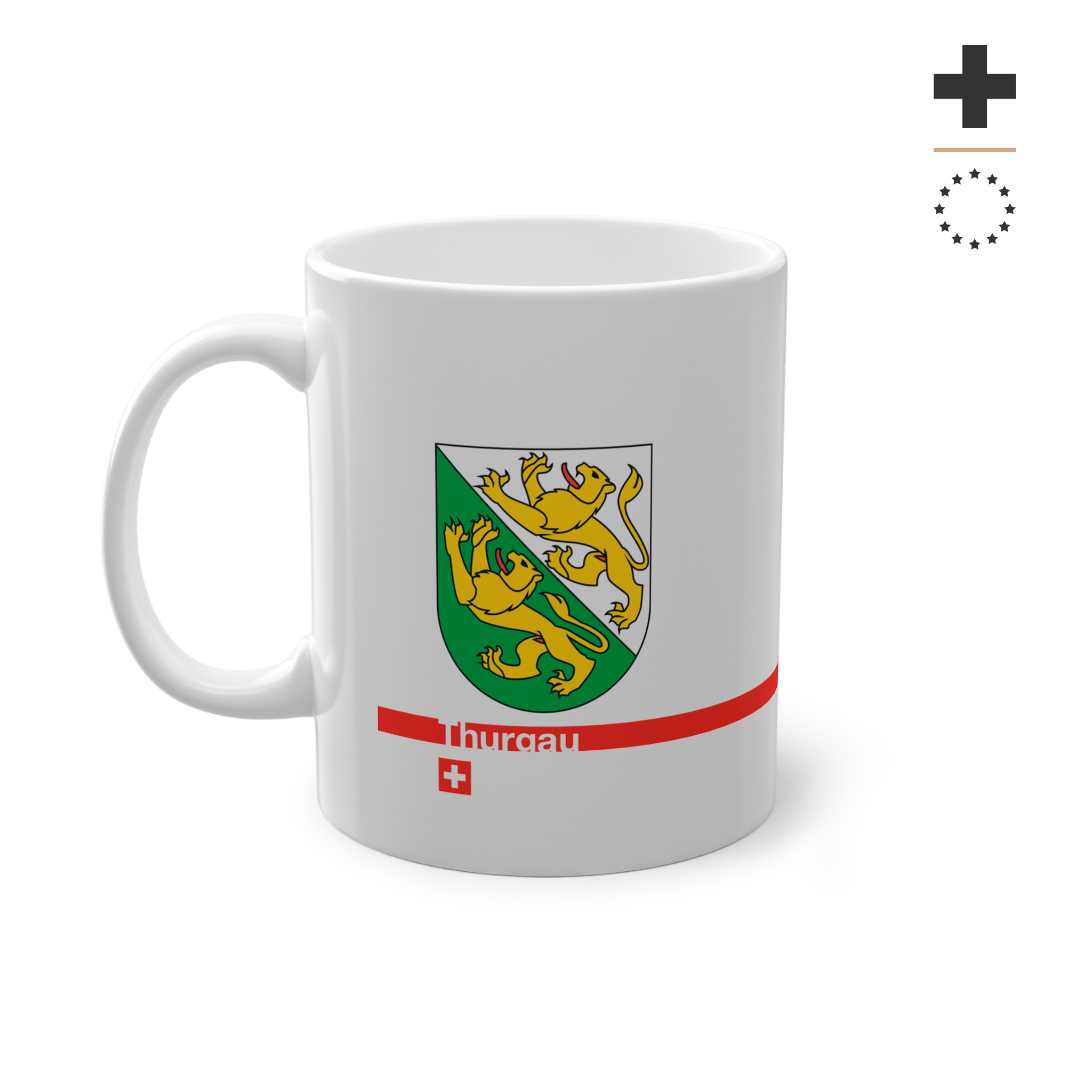 White ceramic mug featuring the green and white Canton of Thurgau coat of arms with two golden lions, a modern red horizontal line with 'Thurgau' text, and a small Swiss cross below.