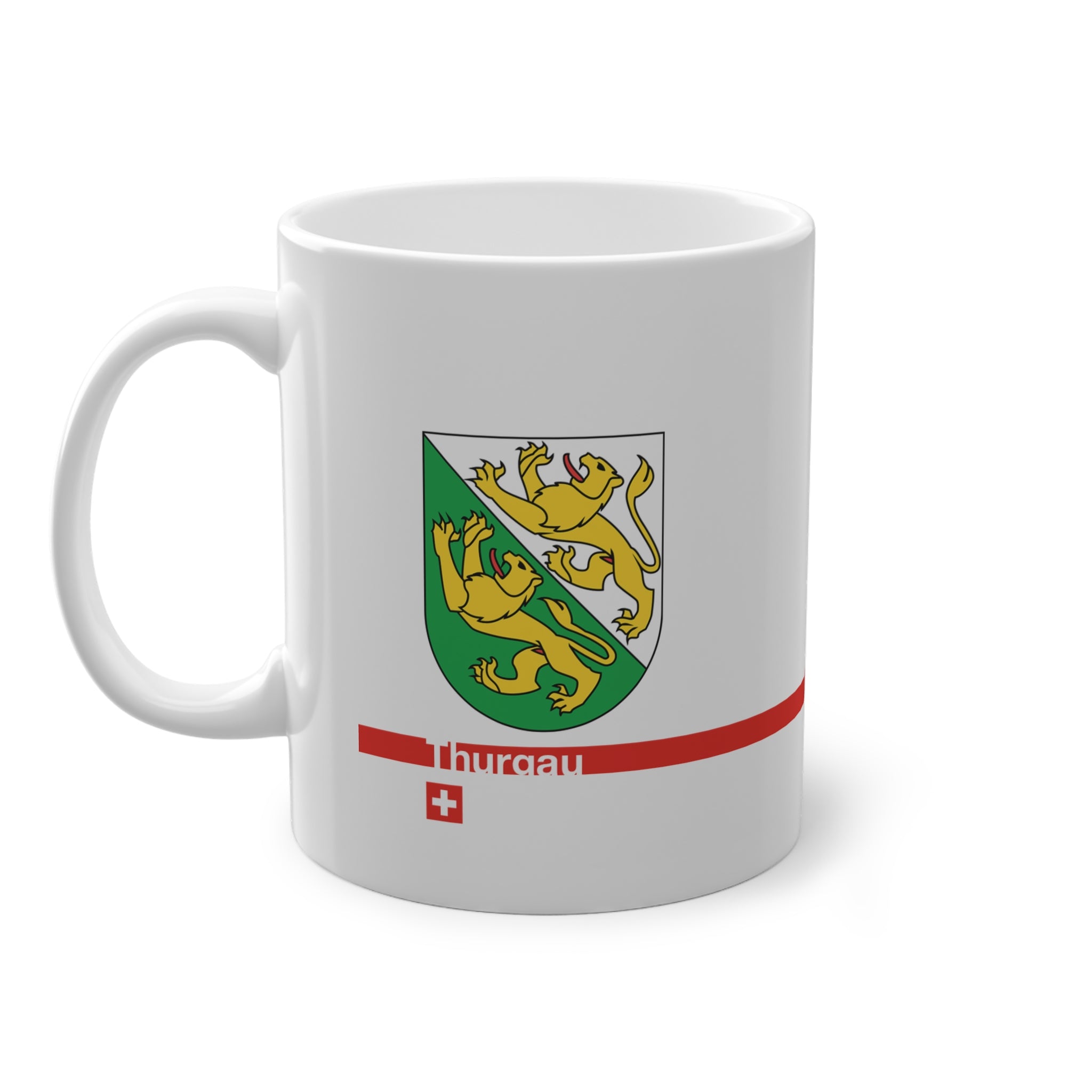 White ceramic mug featuring the green and white Canton of Thurgau coat of arms with two golden lions, a modern red horizontal line with 'Thurgau' text, and a small Swiss cross below.