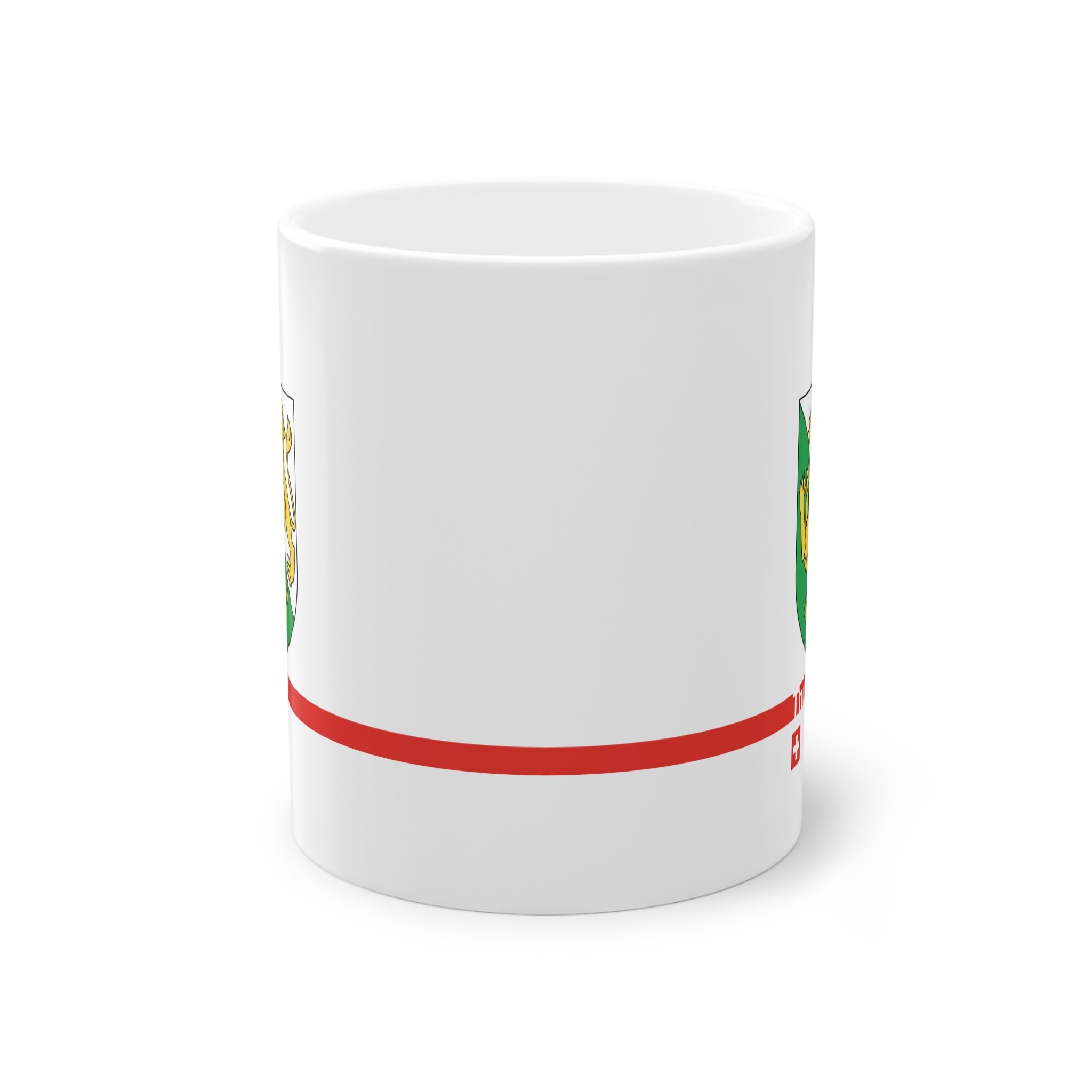 White ceramic mug featuring the green and white Canton of Thurgau coat of arms with two golden lions, a modern red horizontal line with 'Thurgau' text, and a small Swiss cross below.