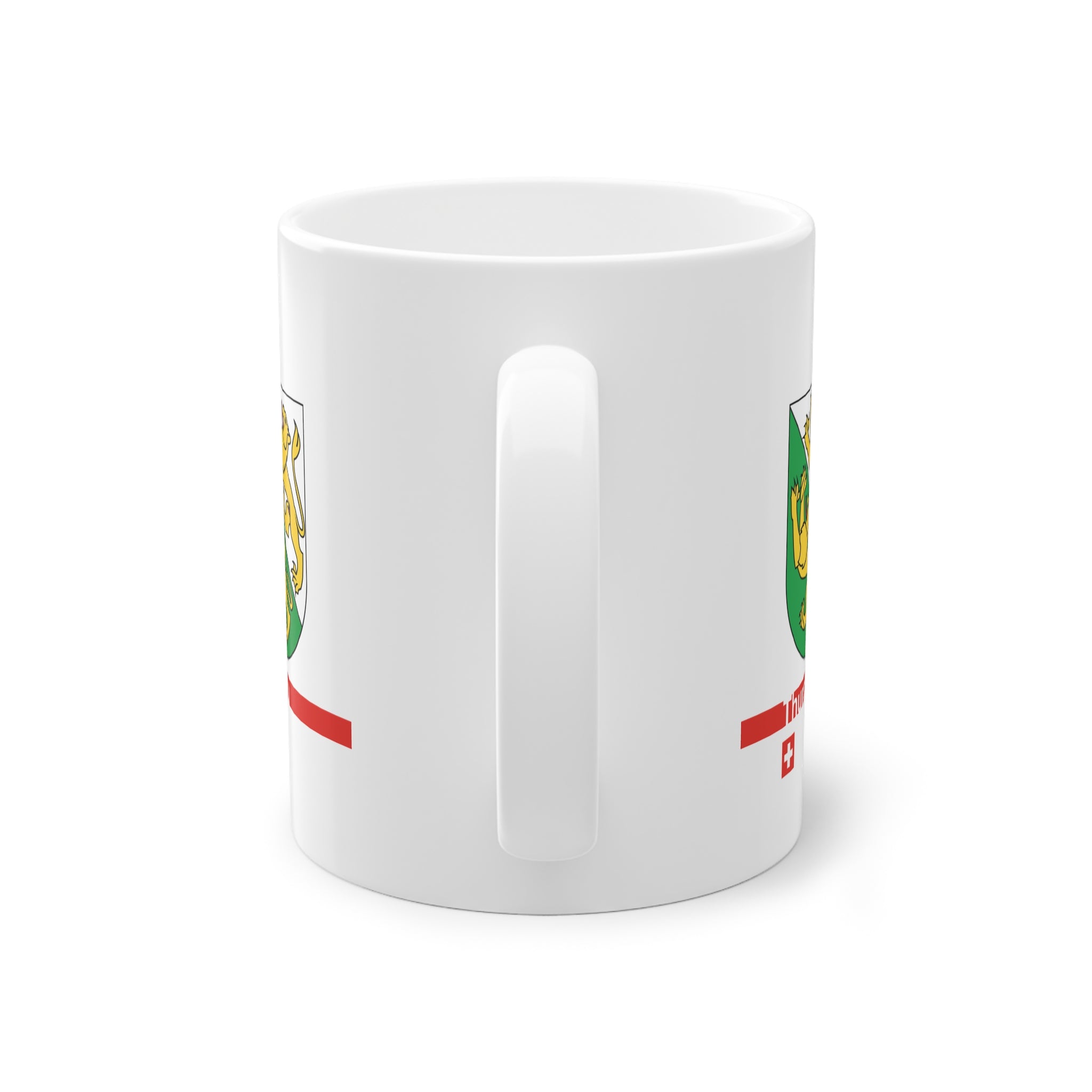 White ceramic mug featuring the green and white Canton of Thurgau coat of arms with two golden lions, a modern red horizontal line with 'Thurgau' text, and a small Swiss cross below.