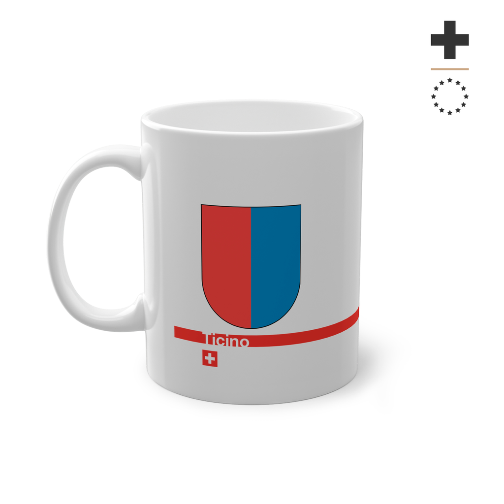 White ceramic mug with the red and blue vertically divided coat of arms of the Canton of Ticino, Switzerland, featuring a modern red line and a small Swiss cross.