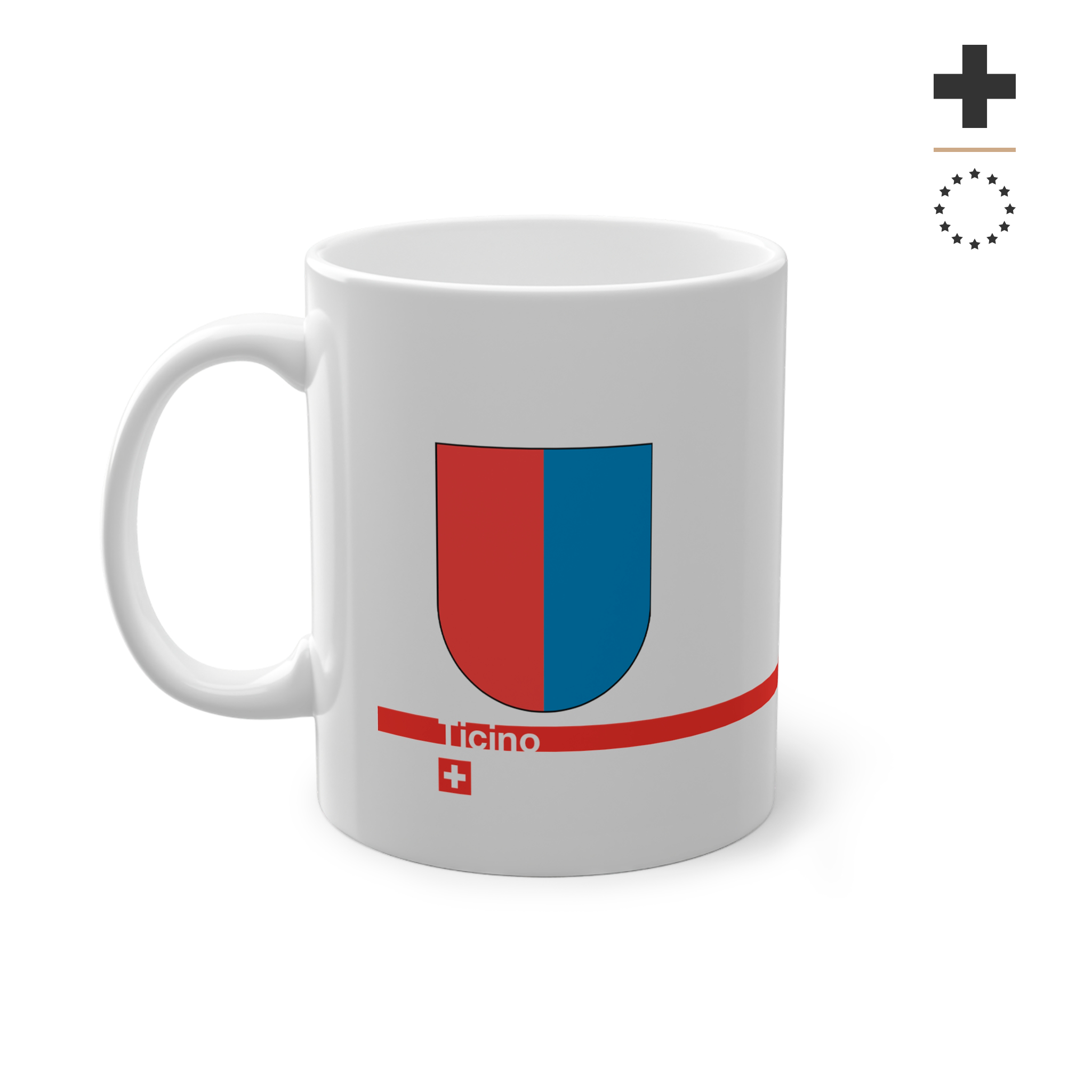 White ceramic mug with the red and blue vertically divided coat of arms of the Canton of Ticino, Switzerland, featuring a modern red line and a small Swiss cross.