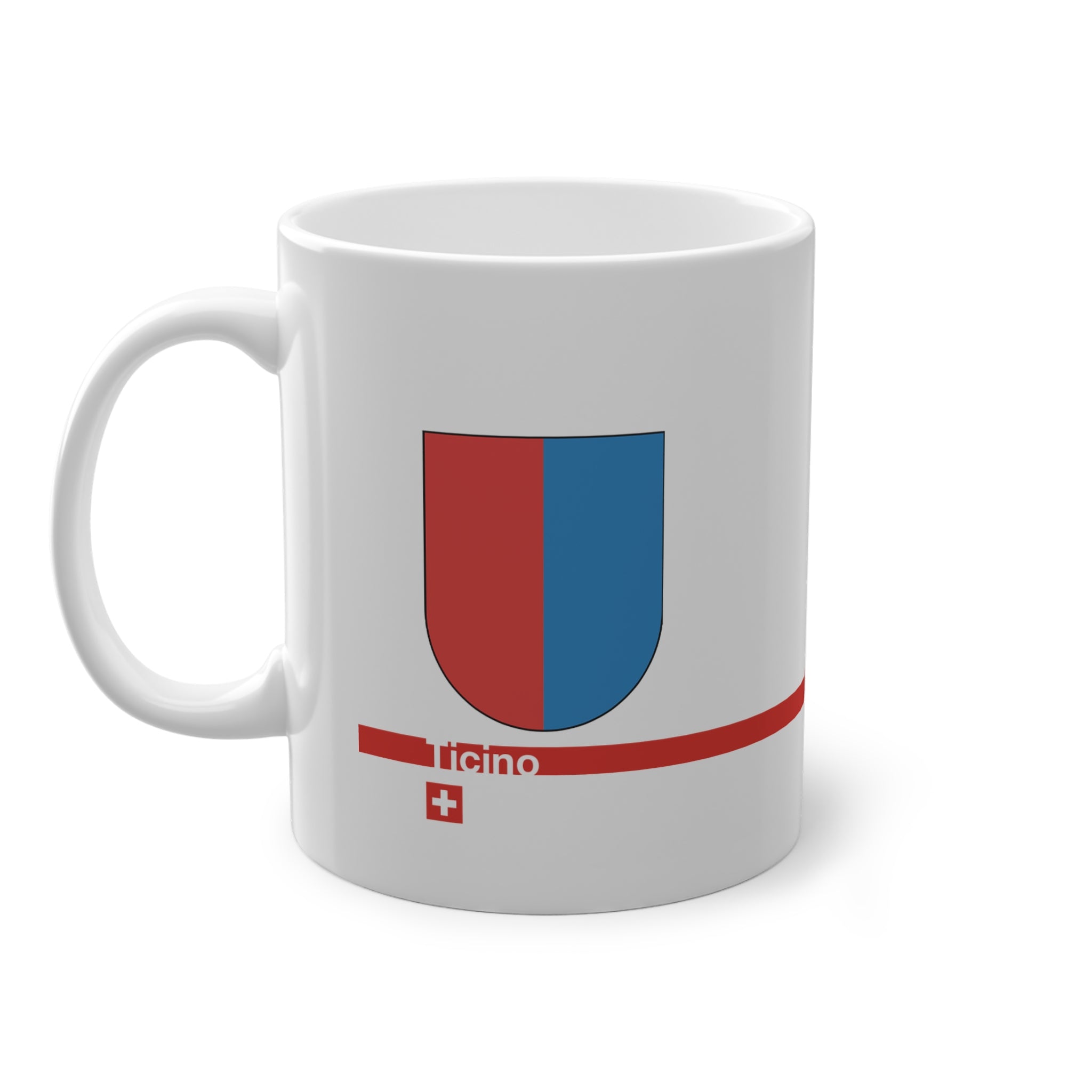 White ceramic mug with the red and blue vertically divided coat of arms of the Canton of Ticino, Switzerland, featuring a modern red line and a small Swiss cross.