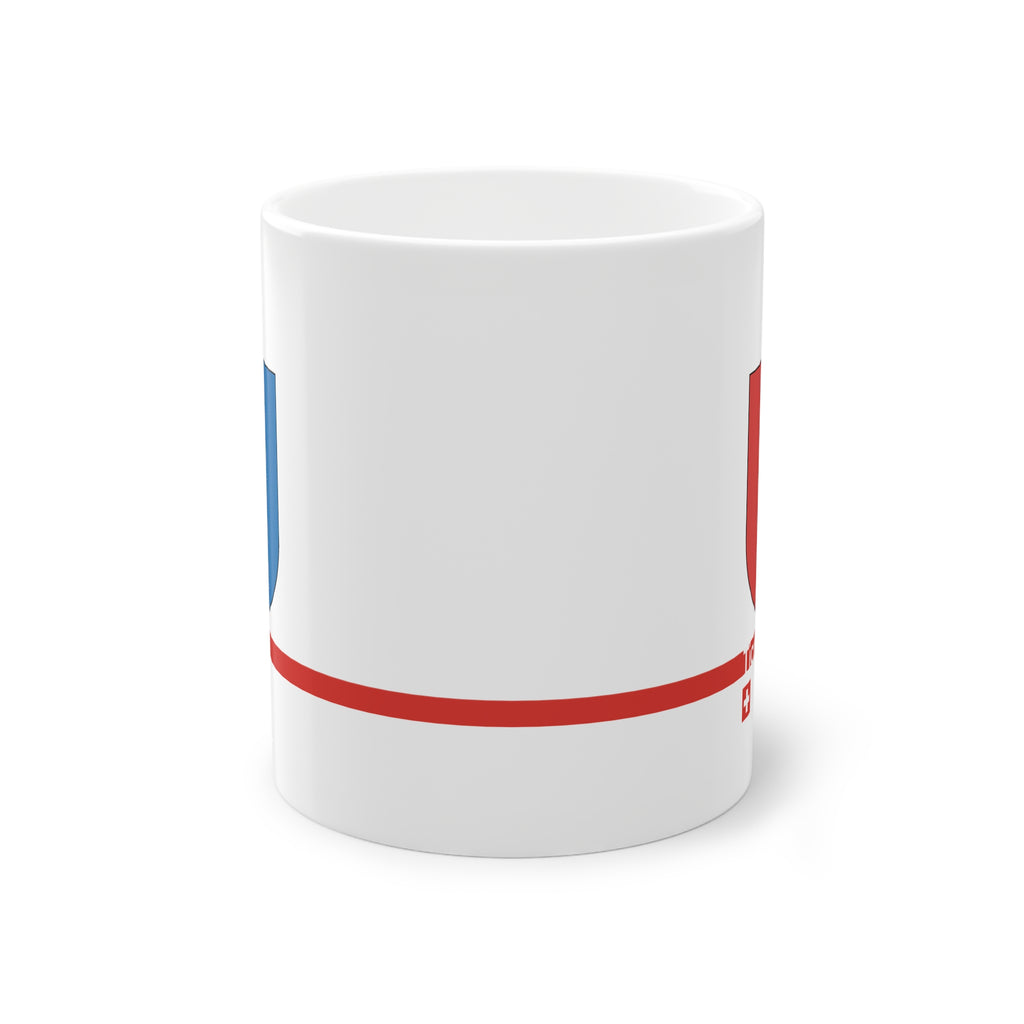 White ceramic mug with the red and blue vertically divided coat of arms of the Canton of Ticino, Switzerland, featuring a modern red line and a small Swiss cross.