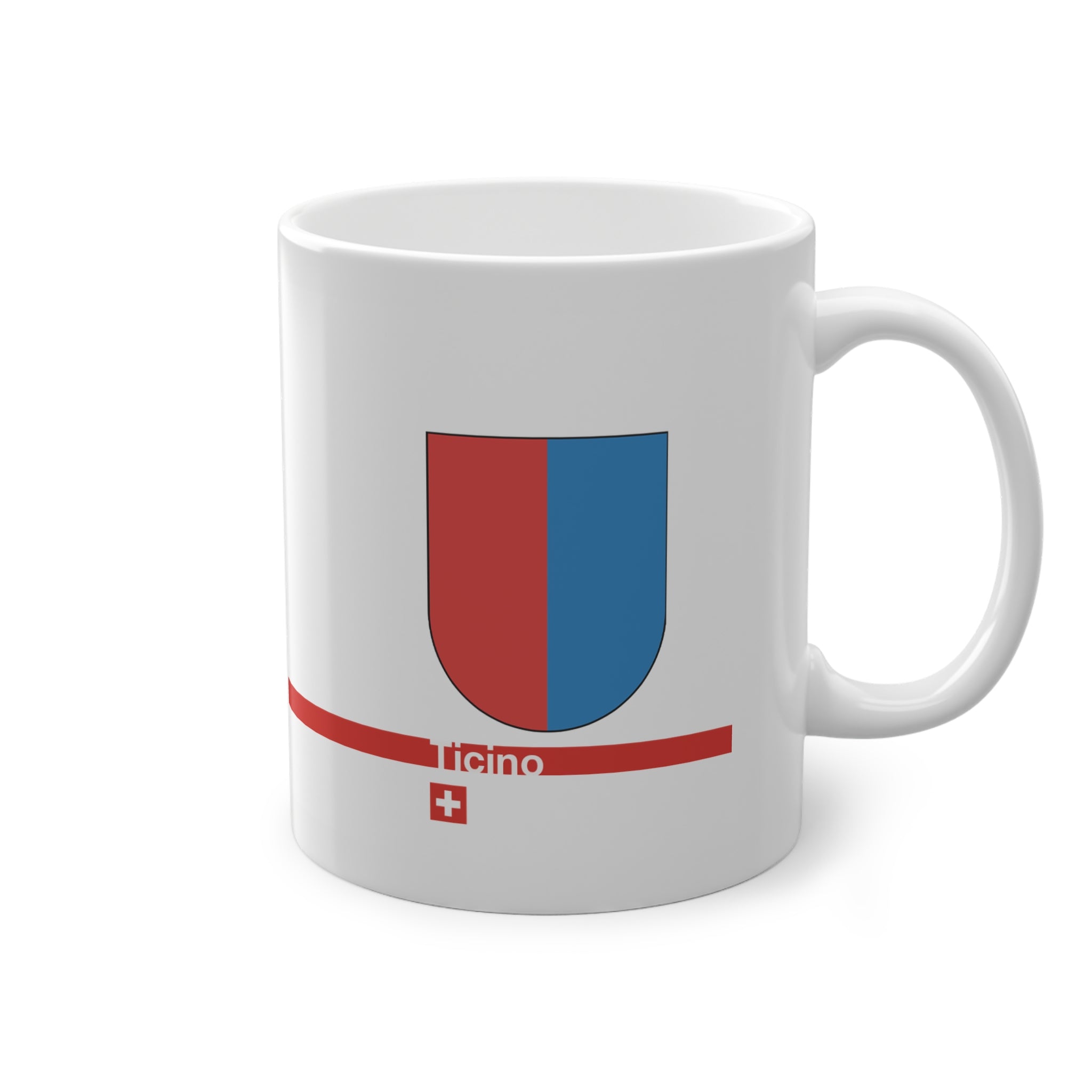 White ceramic mug with the red and blue vertically divided coat of arms of the Canton of Ticino, Switzerland, featuring a modern red line and a small Swiss cross.