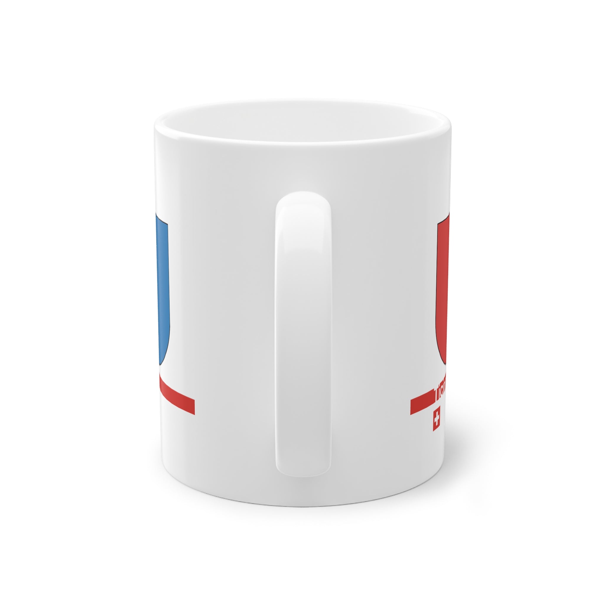 White ceramic mug with the red and blue vertically divided coat of arms of the Canton of Ticino, Switzerland, featuring a modern red line and a small Swiss cross.