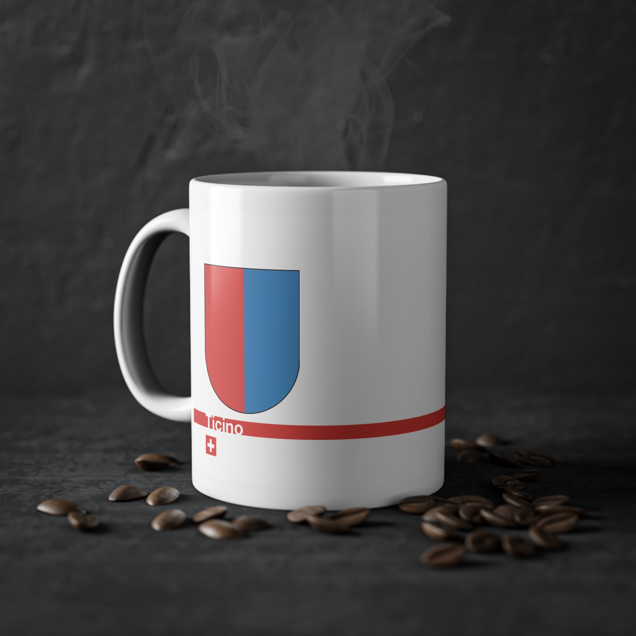 White ceramic mug with the red and blue vertically divided coat of arms of the Canton of Ticino, Switzerland, featuring a modern red line and a small Swiss cross.